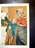 Original Old Antique Print Christmas Rout Lady Catches Boy With Snowballs 1887