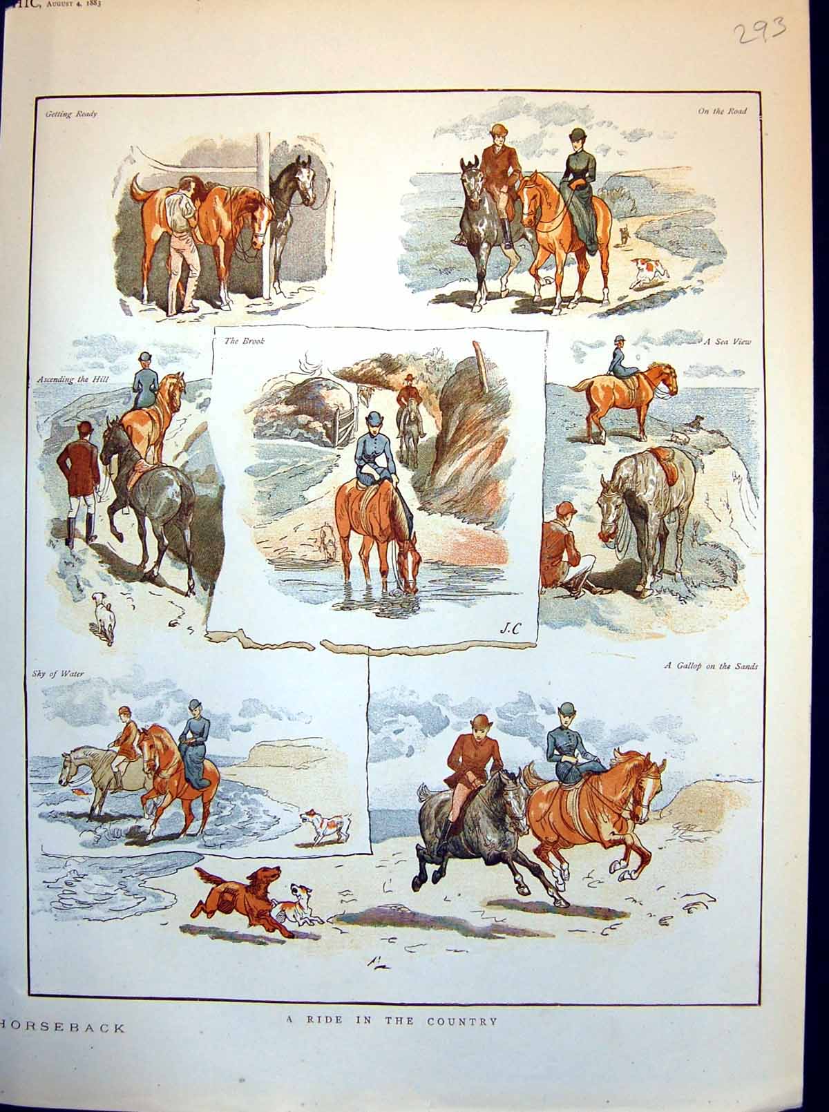 Old Antique Print Ride In The Country Brook Road Gallop On The Sands 1883 19th