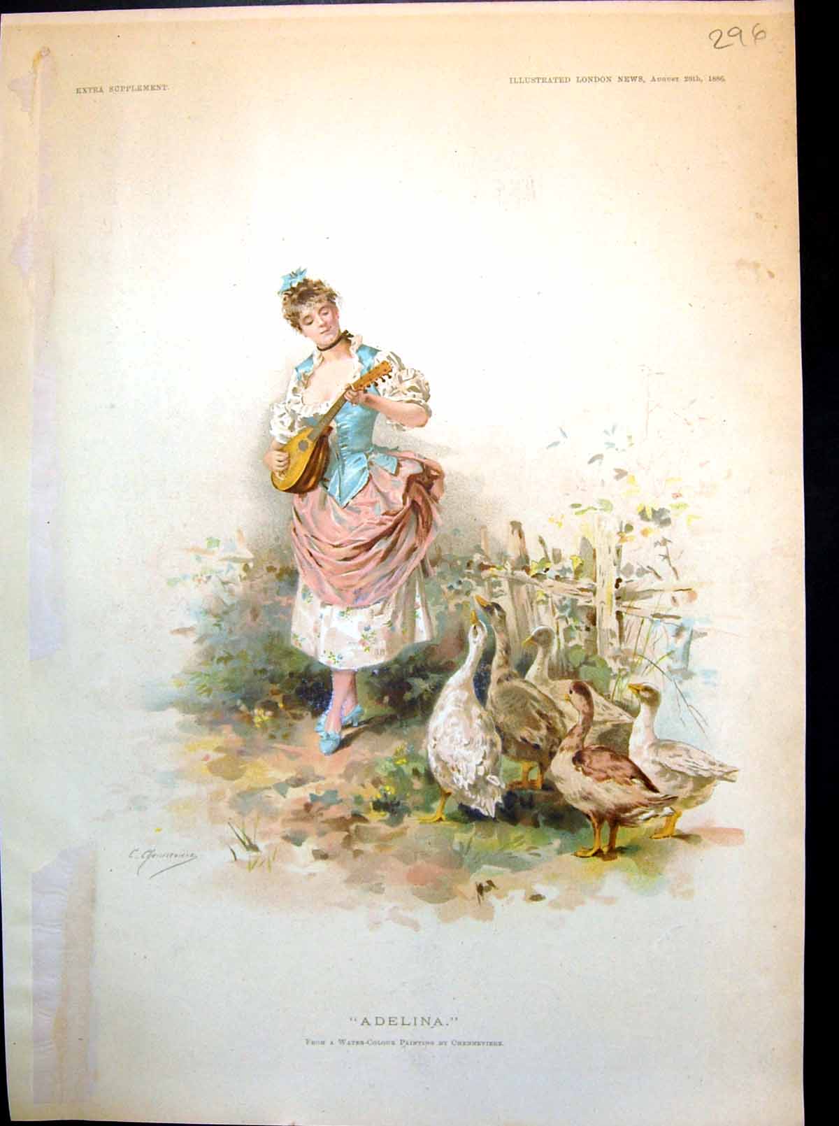 Antique Print Adelina From Watercolour By Chenneviere Girl Music Geese 1886