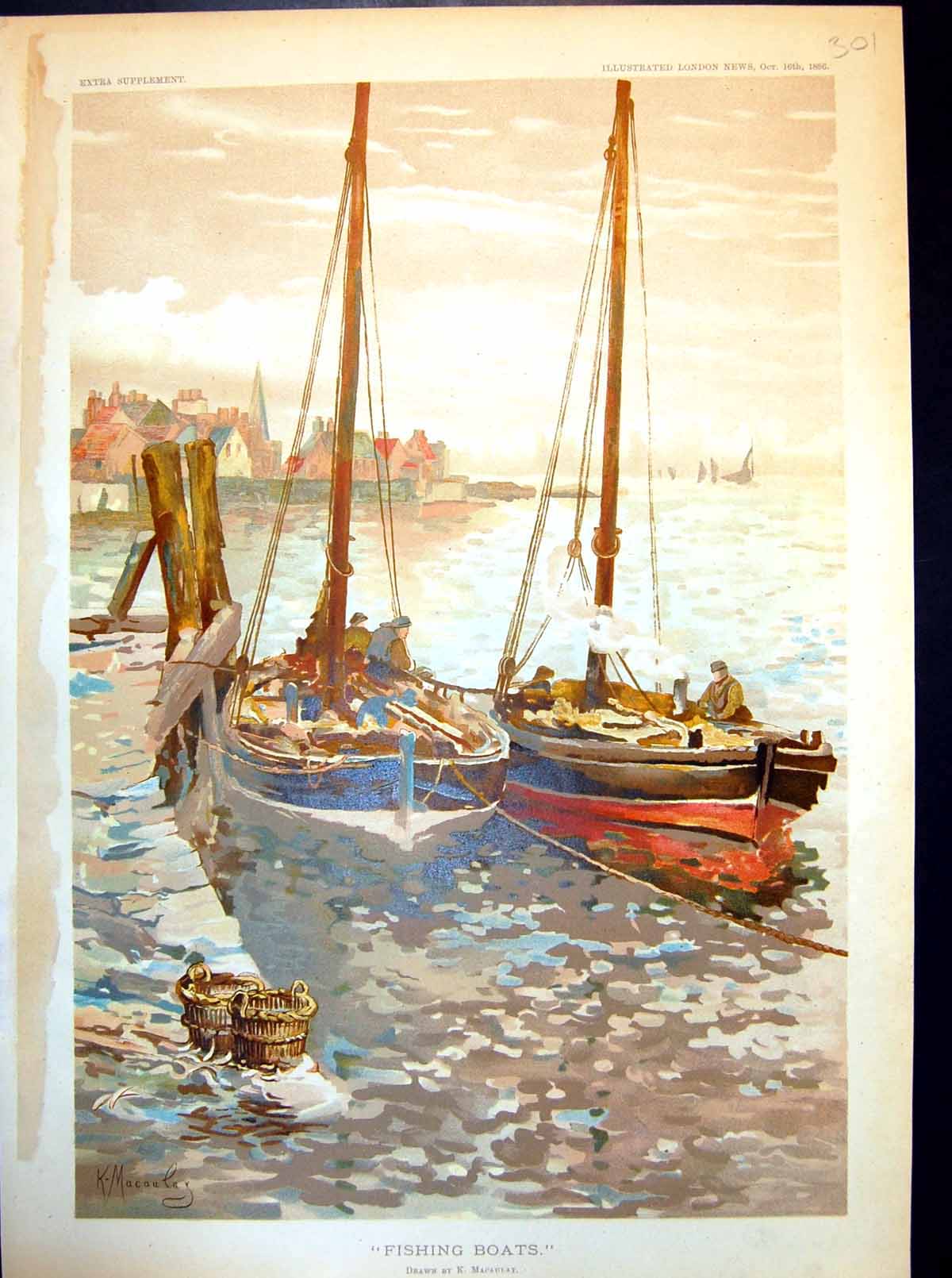 Antique Old Print Fishing Boats K Macaulay Two Boats Masts Moored Town 1886