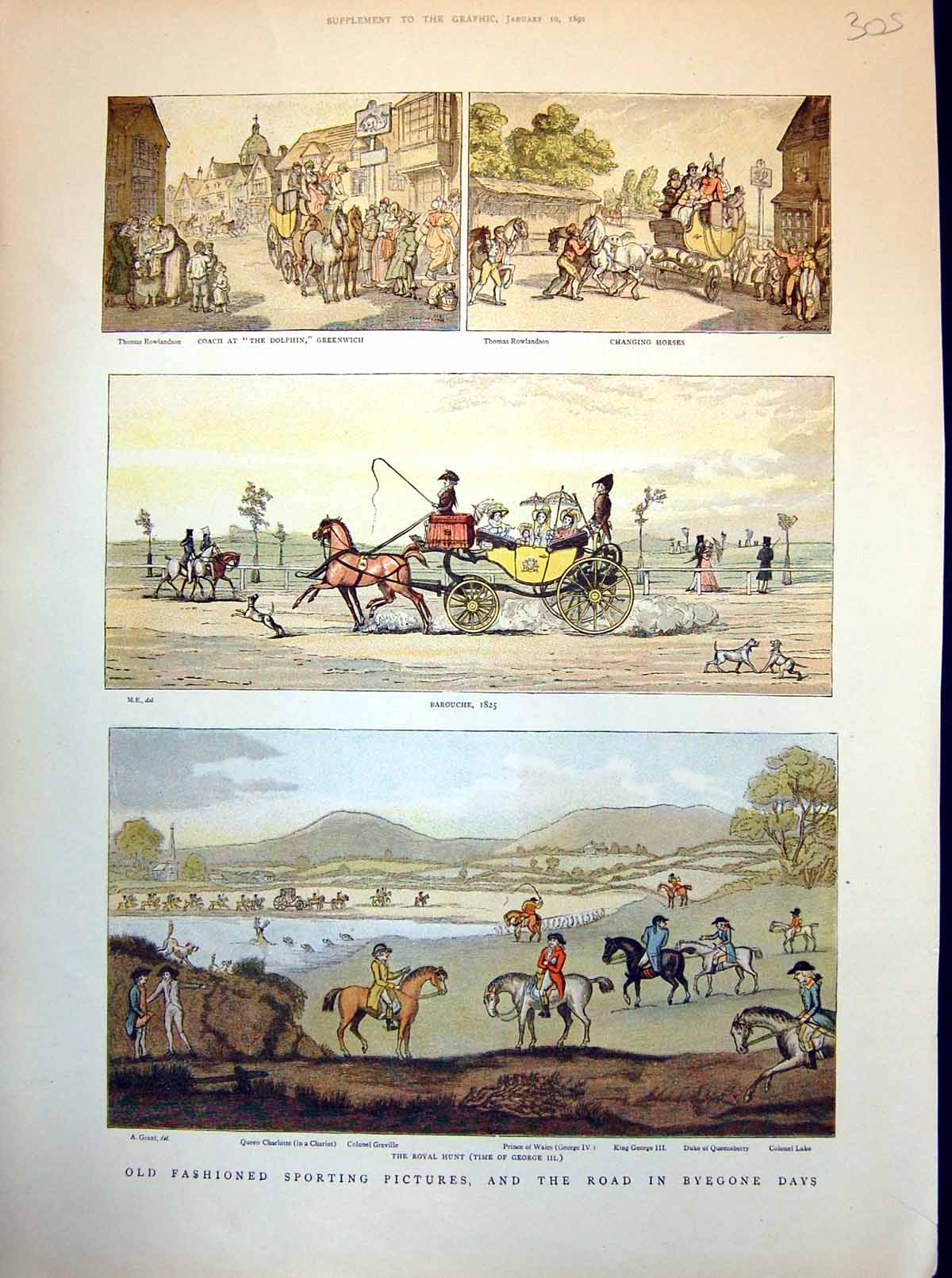 Antique Old Print Royal Hunt Time George Iii Changing Horses Barouche 1891 19th