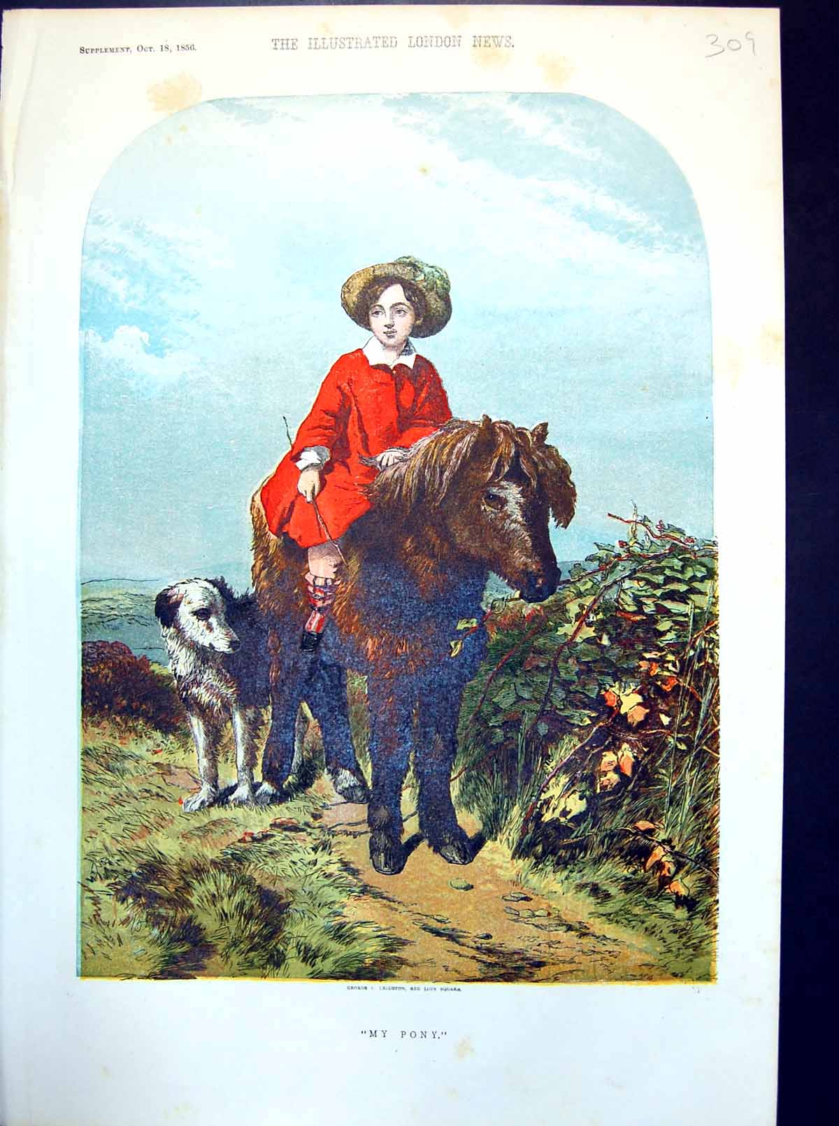 Original Old Antique Print My Pony Small Lad Astride With Dog Alongside 1856