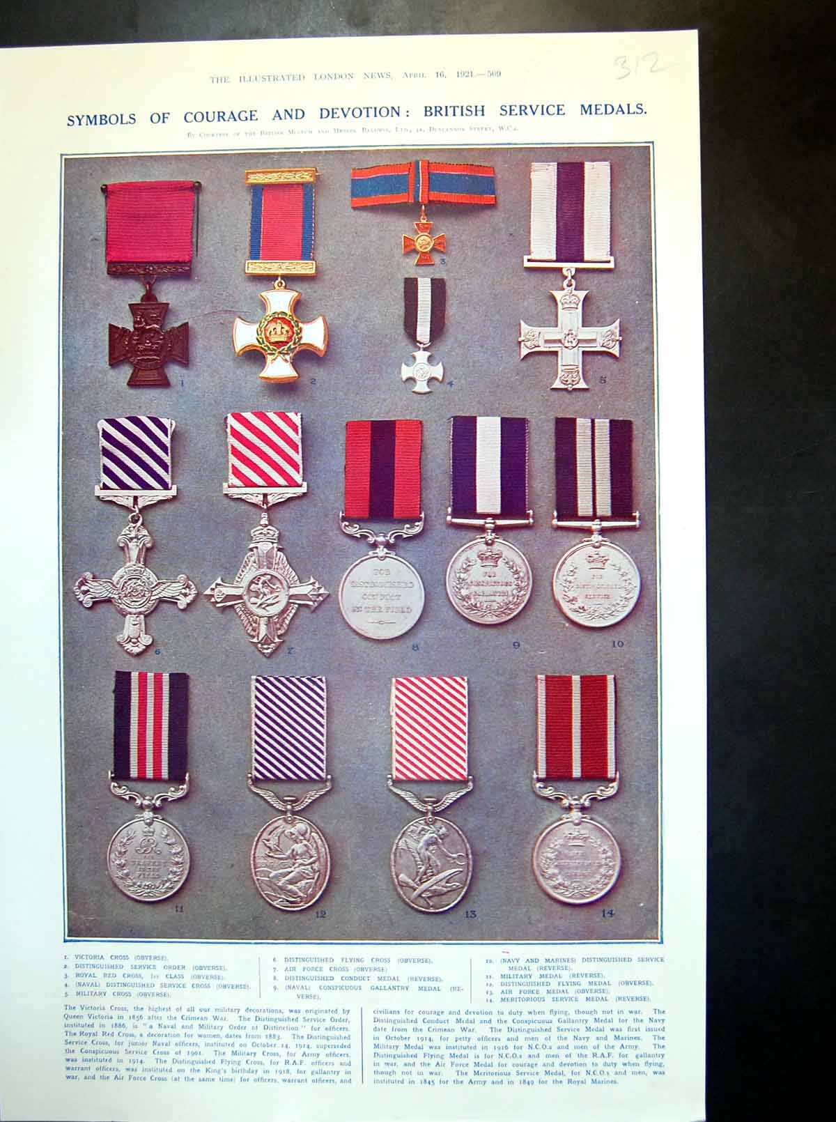 Antique Old Print Symbols Courage And Devotion British Service Medals 1921 20th