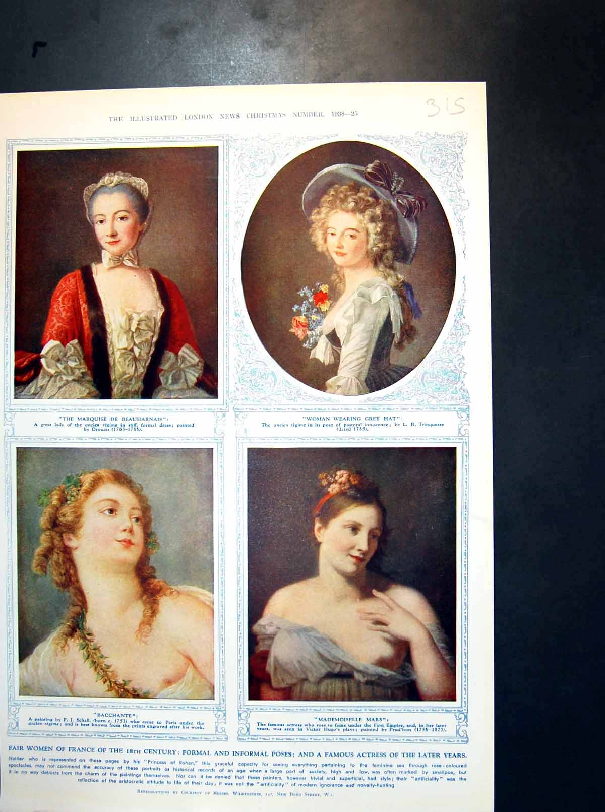 Antique Old Print Marquise Beauharnais Woman Wearing Grey Hat Bacchante 1938
