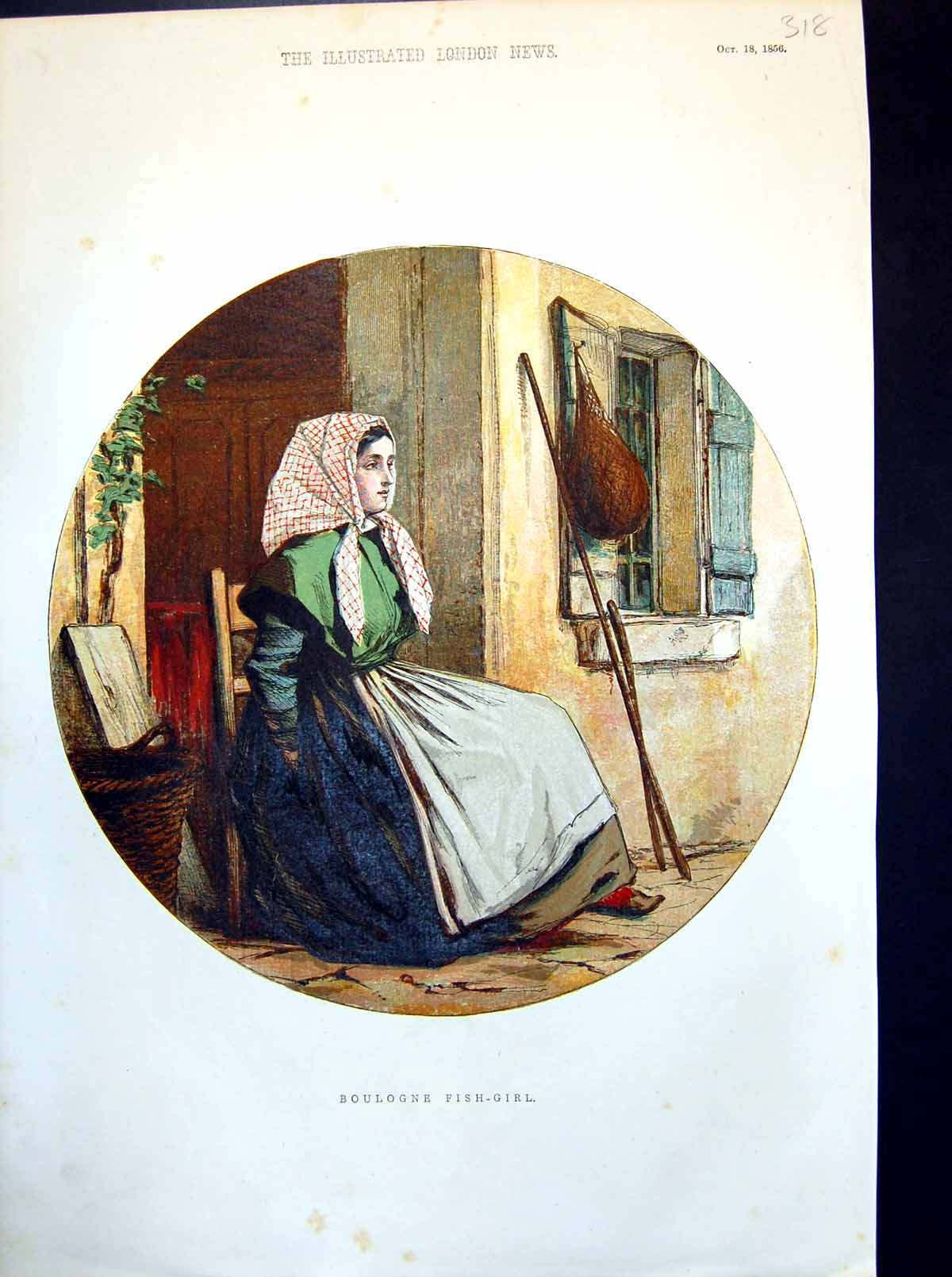 Antique Print Boulogne Fish Girl Seated Outside Shuttered House Scarf 1856 19th