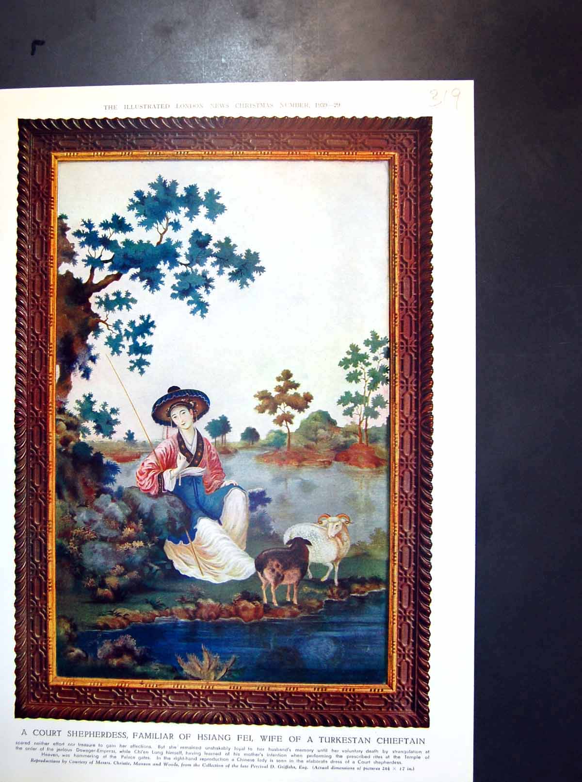 Antique Print Court Shepherdess Seated Waterside With Two Sheep China 1939 20th