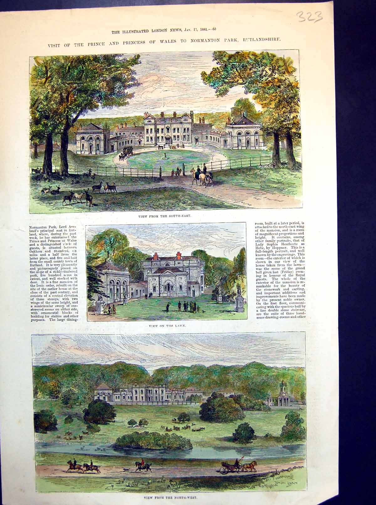Original Old Antique Print Normanton Park Rutlandshire Views Se Lawn Nw 1881