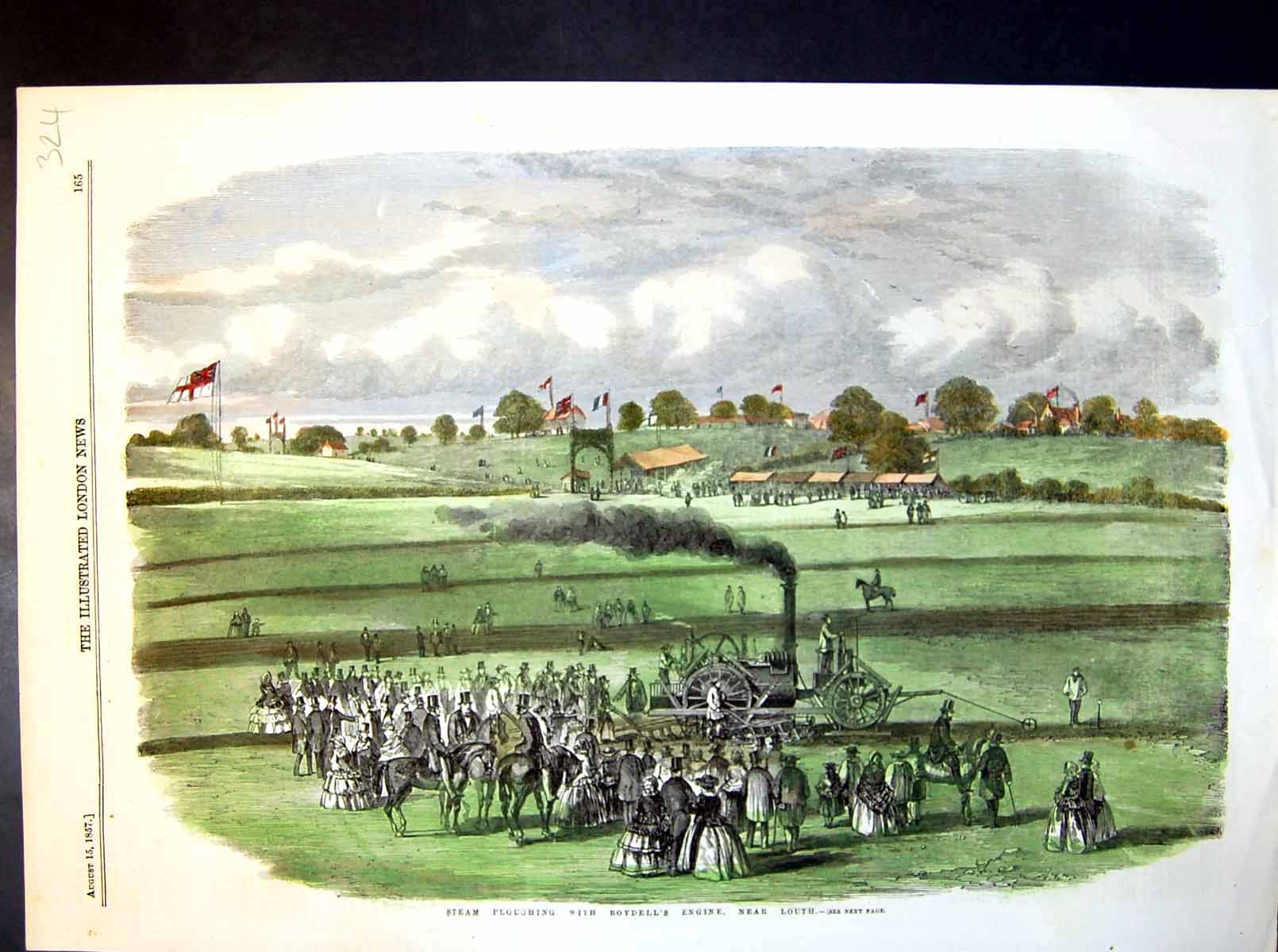 Old Print Steam Ploughing With Boydell'S Engine Near Louth Top Hats 1857 19th