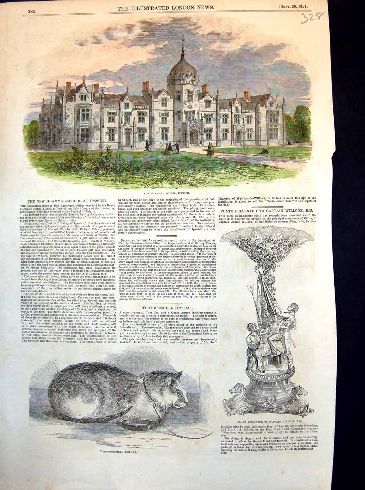 Antique Print New Grammar School Ipswich Plate Presented Cptn. Willcox 1851