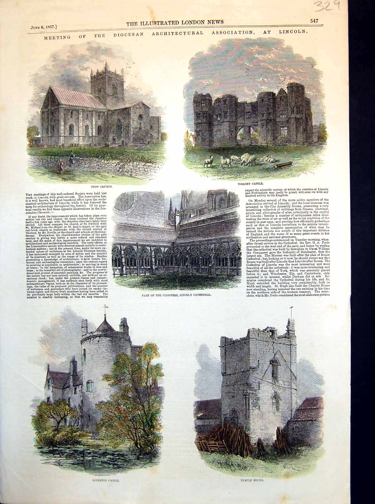 Antique Old Print Stow Church Torksey Castle Lincoln Cathedral Cloisters 1857