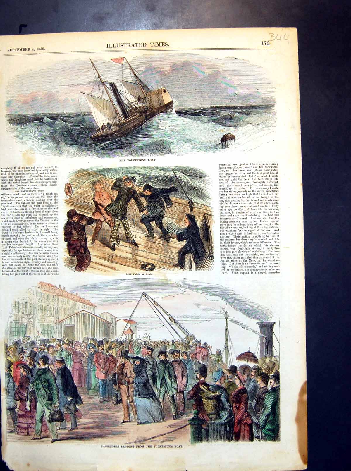 Antique Old Print Folkestone Boat Rough Seas Passengers Landing Crowds 1858