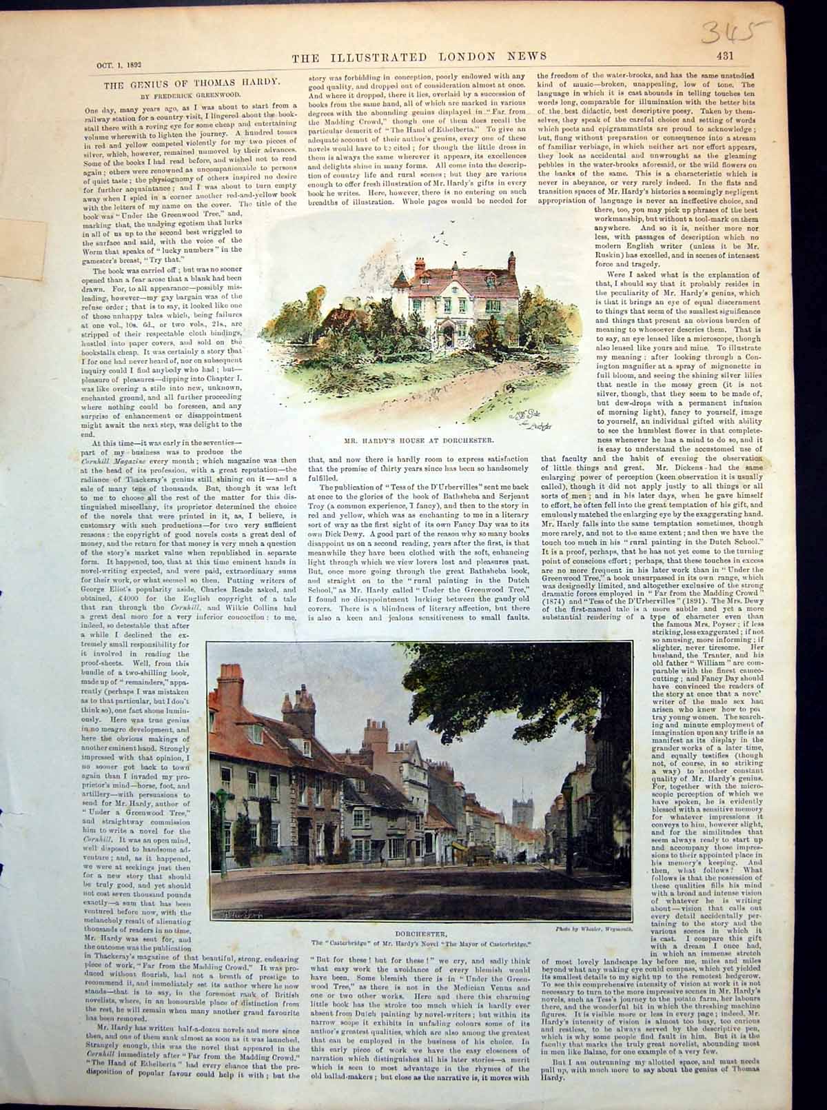 Original Old Antique Print Mr. Hardy'S House Dorchester Street Scene Town 1892