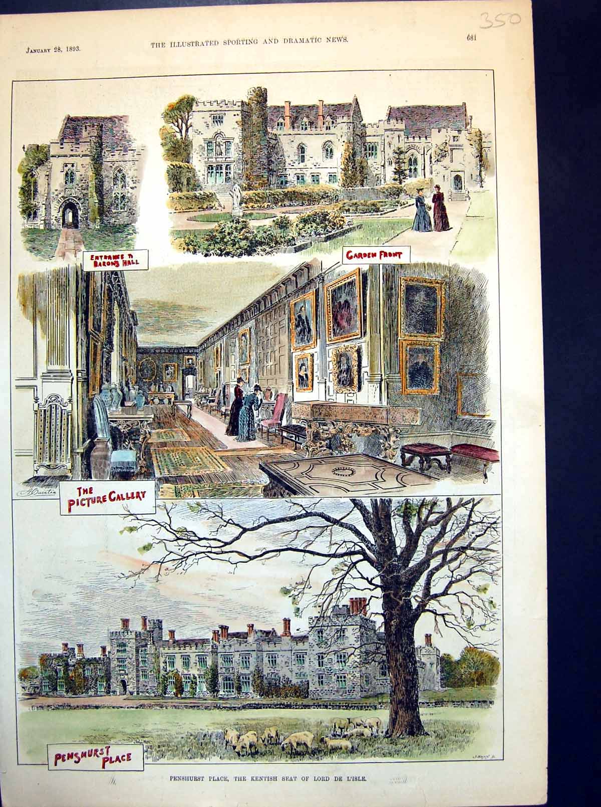 Old Antique Print Penshurst Place Entrance Barons Hall Garden Front 1893 19th