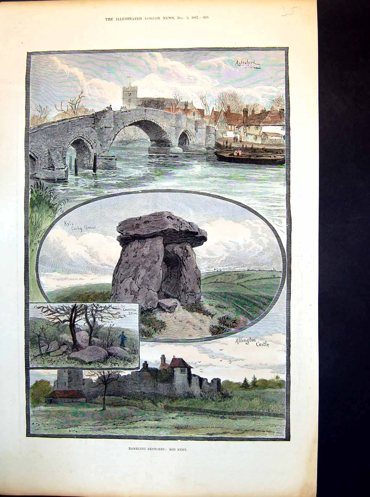 Old Sketches Mid Kent Aylesford Kits Coity House Allington Castle 1887 19th