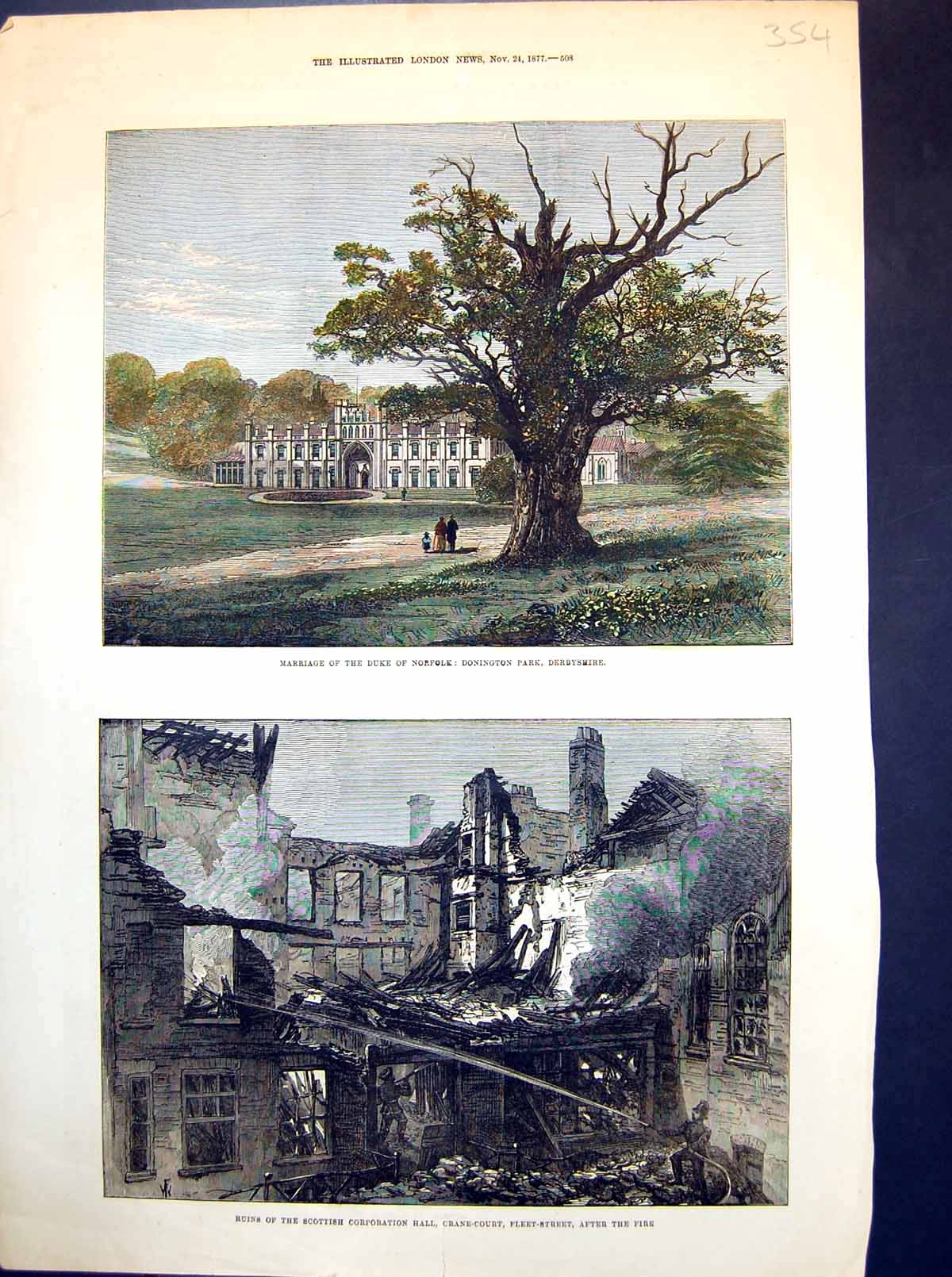 Antique Print Donington Park Derbyshire Ruins Scottish Corporaion Hall 1877