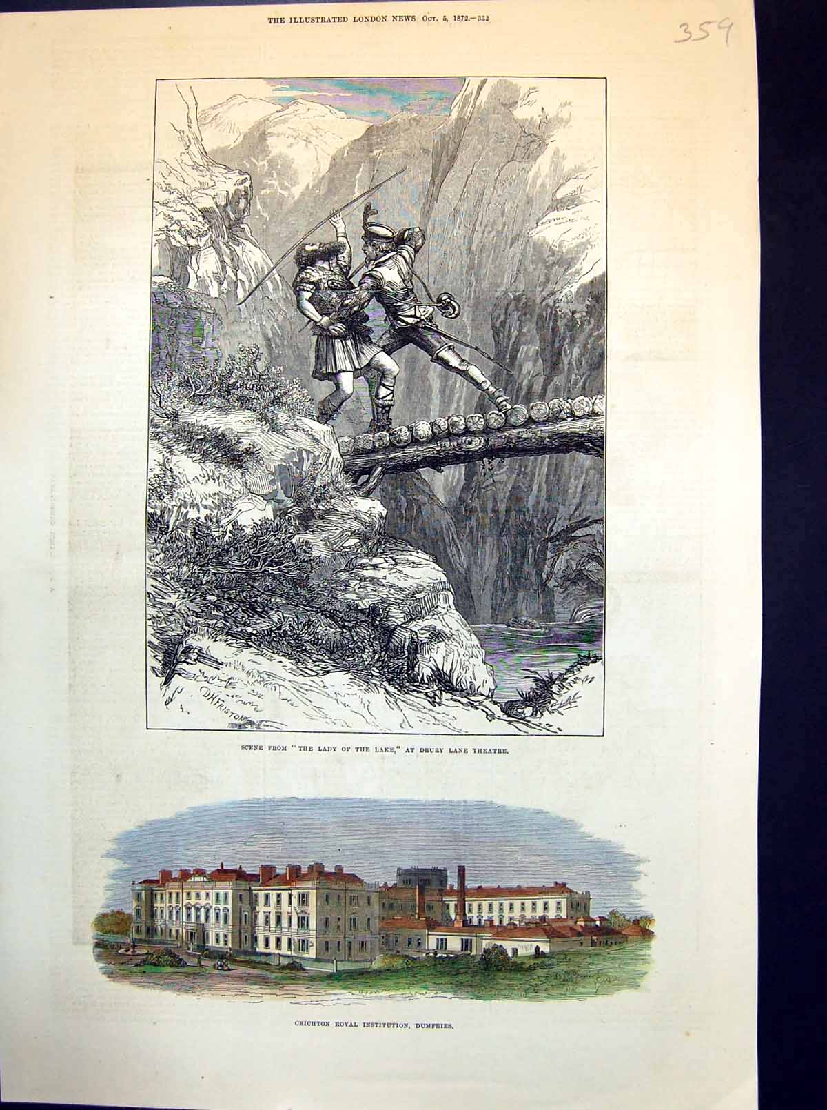 Antique Print Crichton Royal Institution Dumfries Scene Lady The Lake 1872 19th