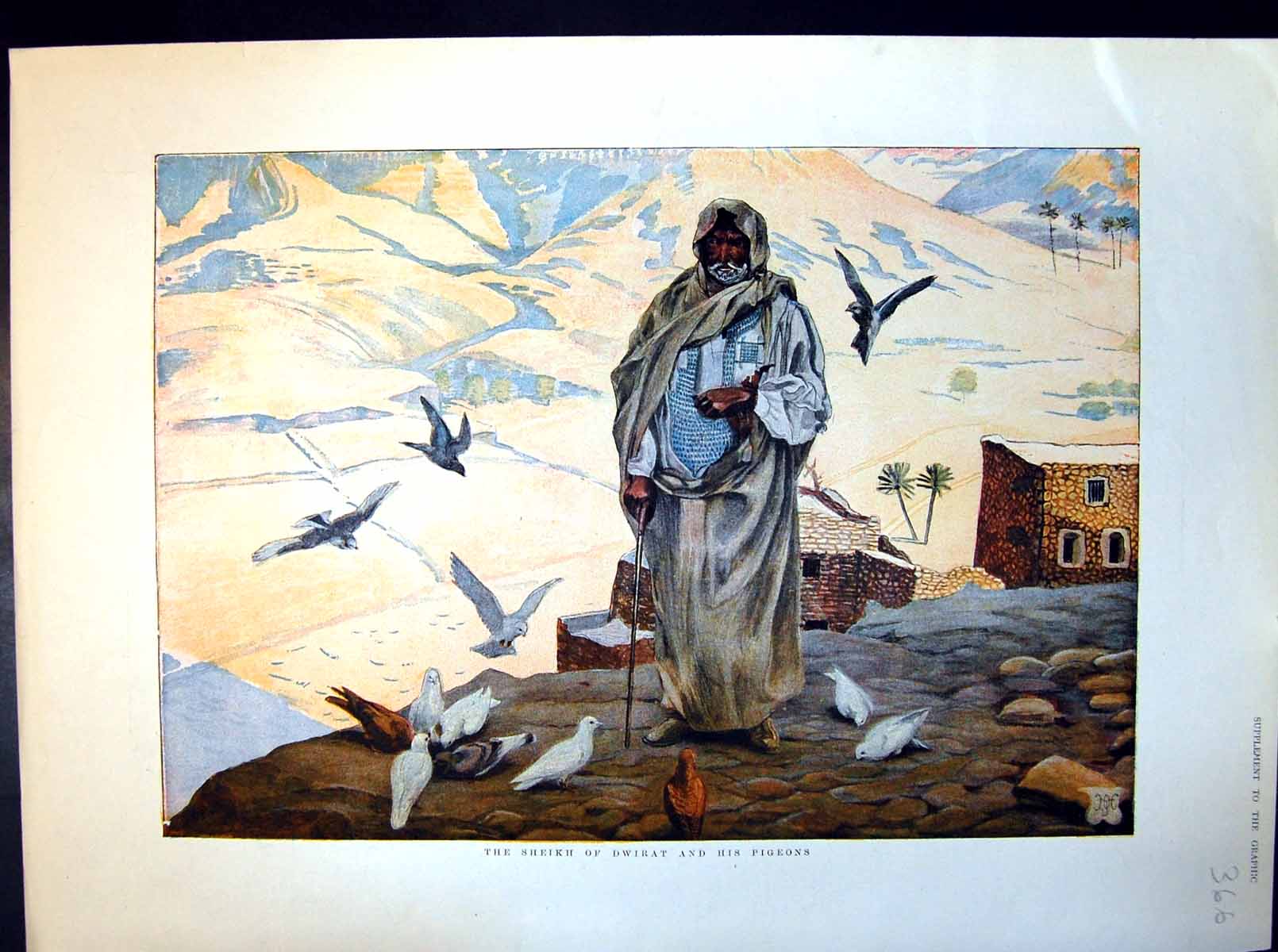 Antique Print The Sheikh Dwirat And His Pigeons Robed Man Mountains Beyond