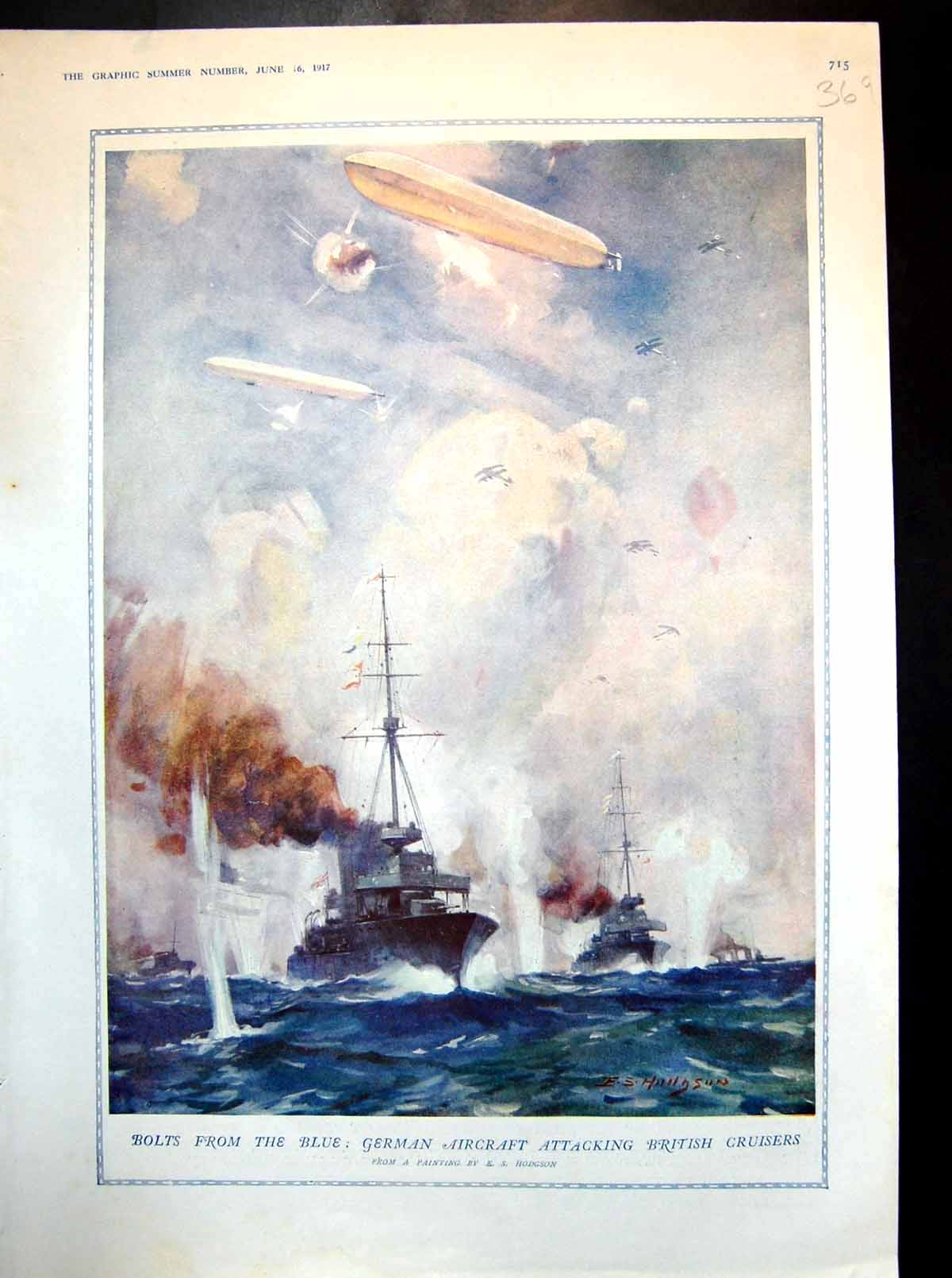 Antique Old Print German Aircraft Attacking British Cruisers Es Hodgson 1917