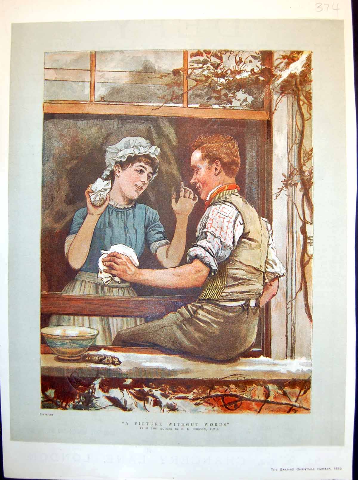 Old Antique Print Ek Johnson Windowcleaner Maid Cleaning Same Window 1880 19th