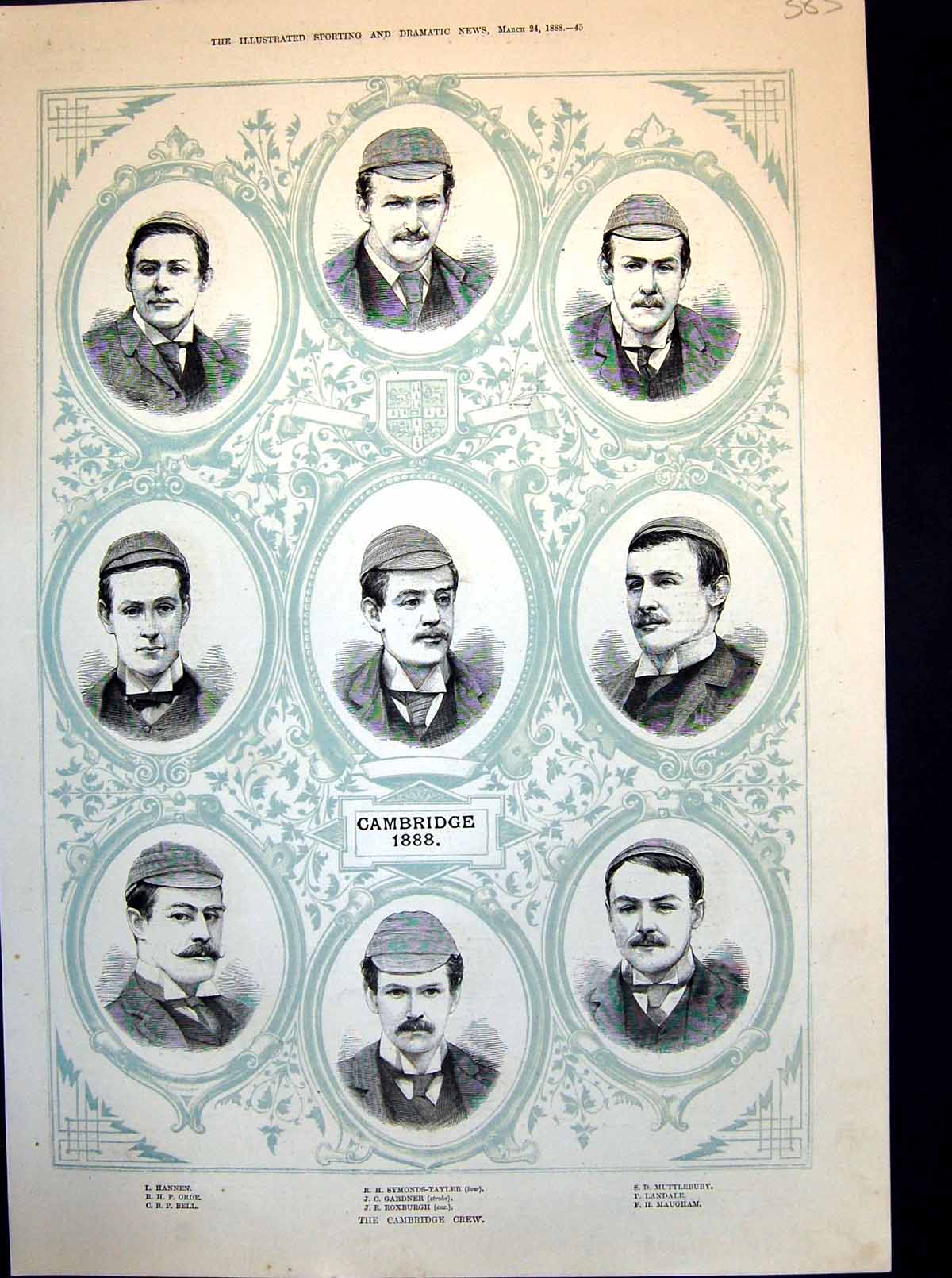Antique Old Print Cambridge Rowers Hannen Orde Symonds-Taylor Portraits 1888