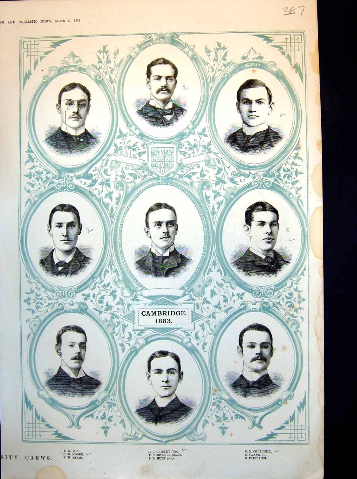 Old Print Cambridge Crew Moore Atkin Gridley Fe Churchill Portraits 1883 19th