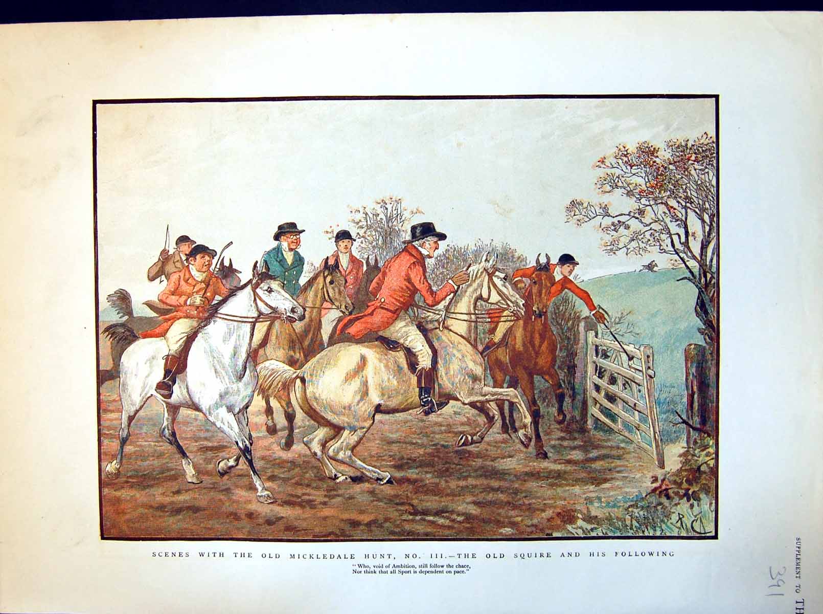 Original Old Antique Print Mickledale Hunt The Squire And His Following 1884
