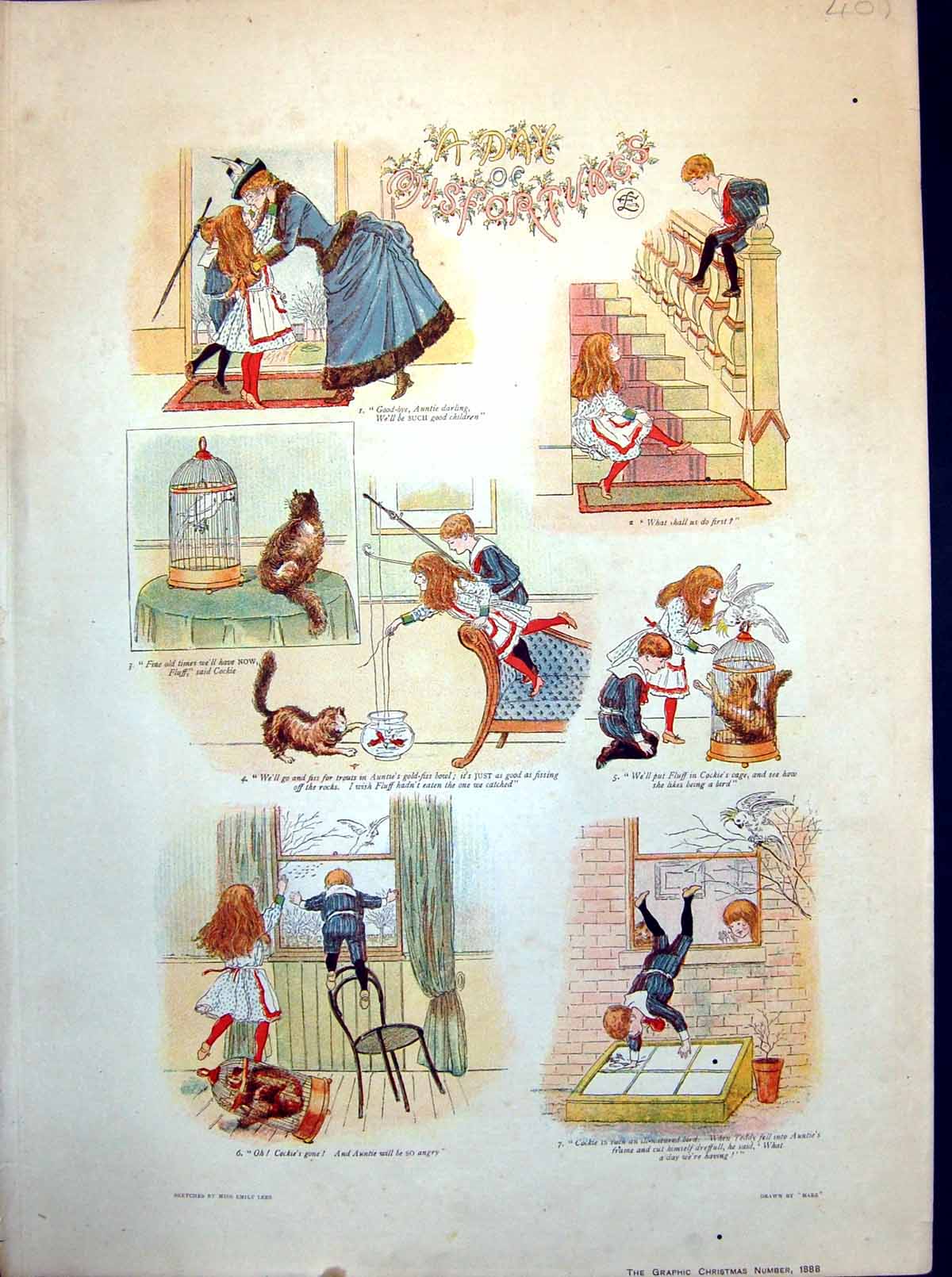 Antique Print Children Left By Auntie Mischief With Gfish Cat Parrot 1888 19th
