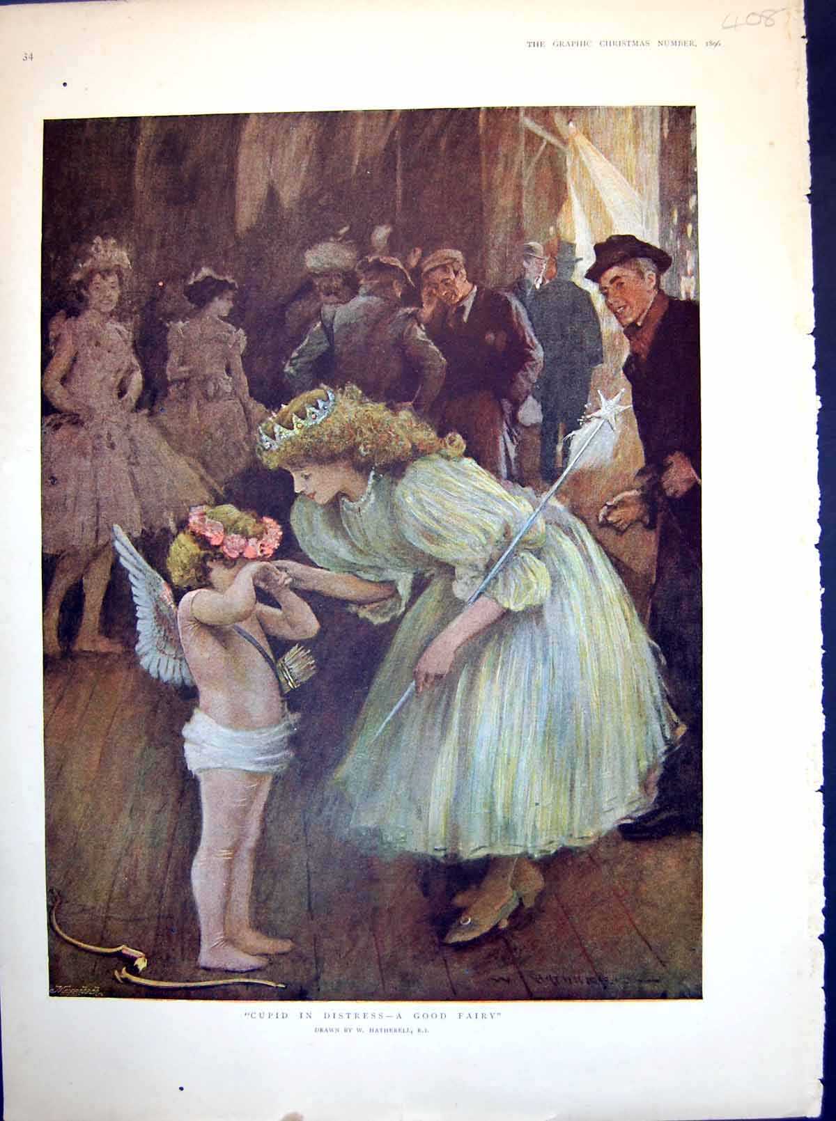 Antique Print Damaged Cupid Distress Good Fairy Child Stage Broken Bow 1896