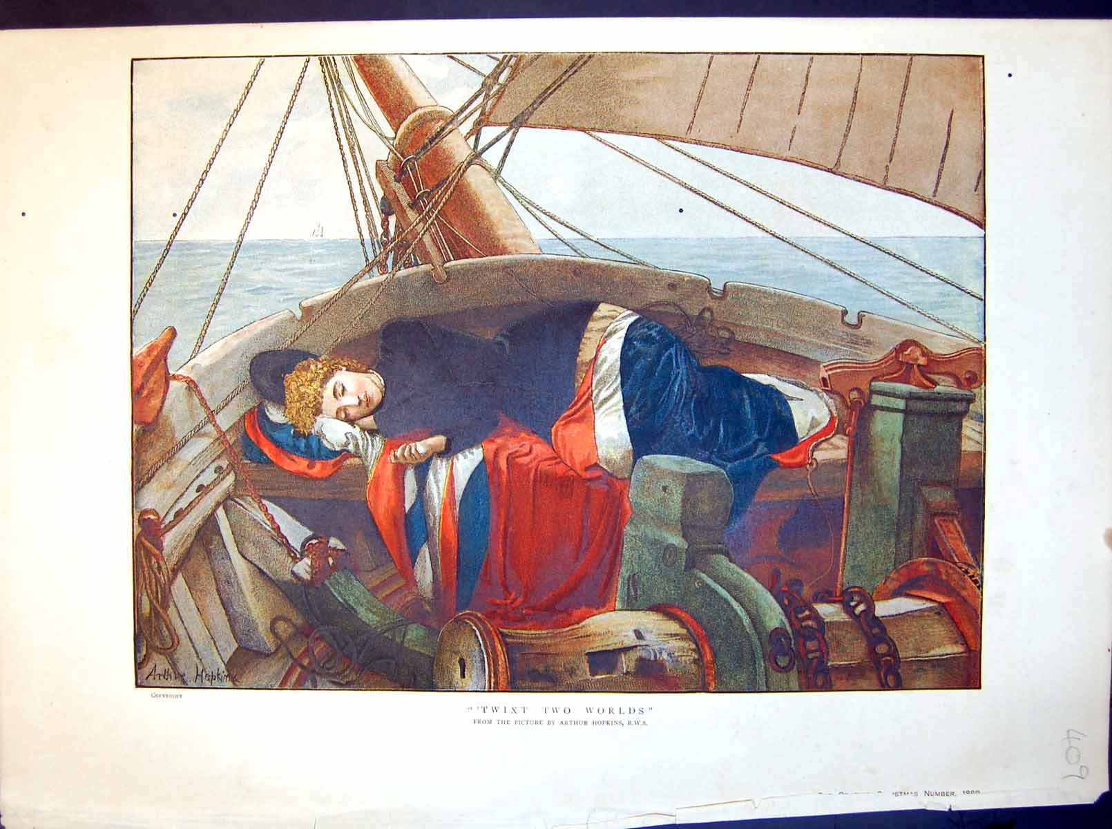Antique Old Print Twixt Two Worlds Arthur Hopkins Lady Sleeping Boat Bow 1888