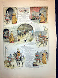 Antique Old Print Outlandish Knight Wooing Maiden Steed Rocks Drown Her 1895