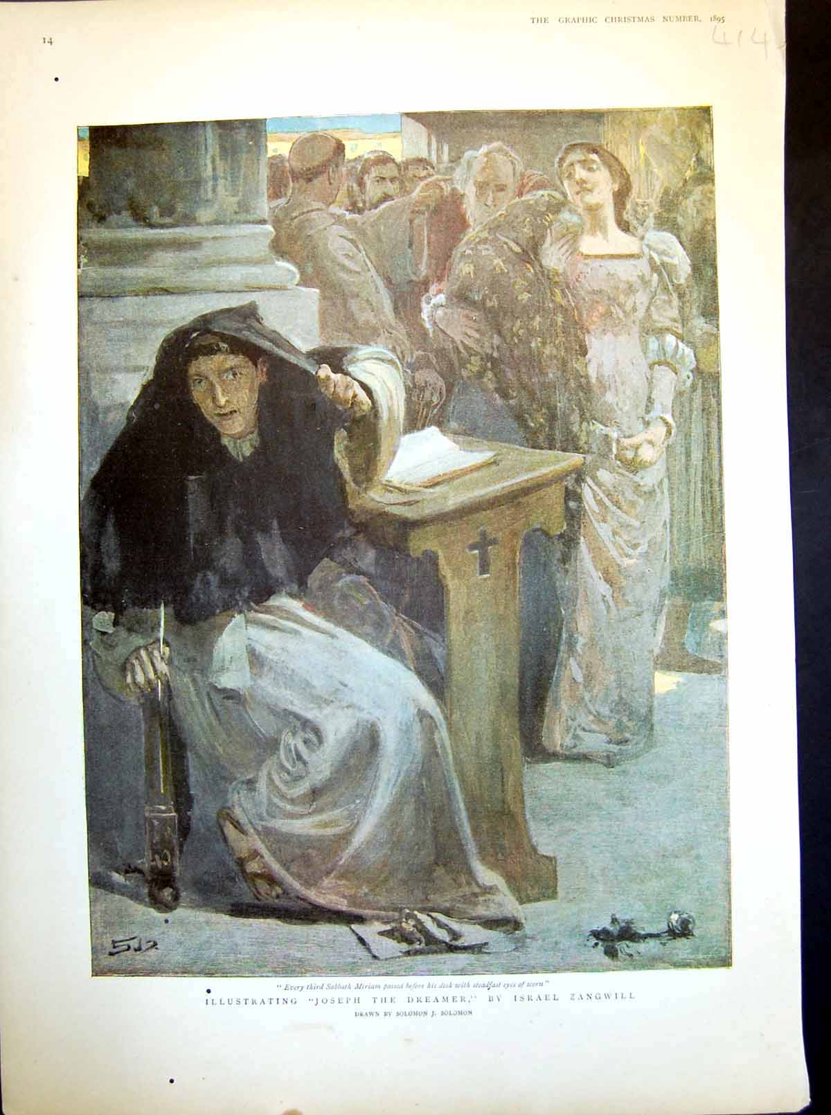 Antique Print Damaged Sj Solomon Miriam Passing By Desk Scholar Quill 1895 19th