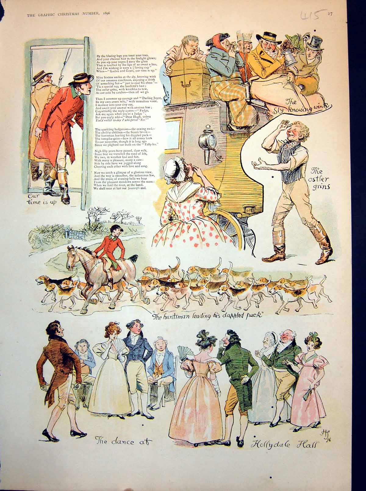 Antique Print Damaged Coaching Idyll Huntsman Dappled Pack Dance Hall 1896 19th