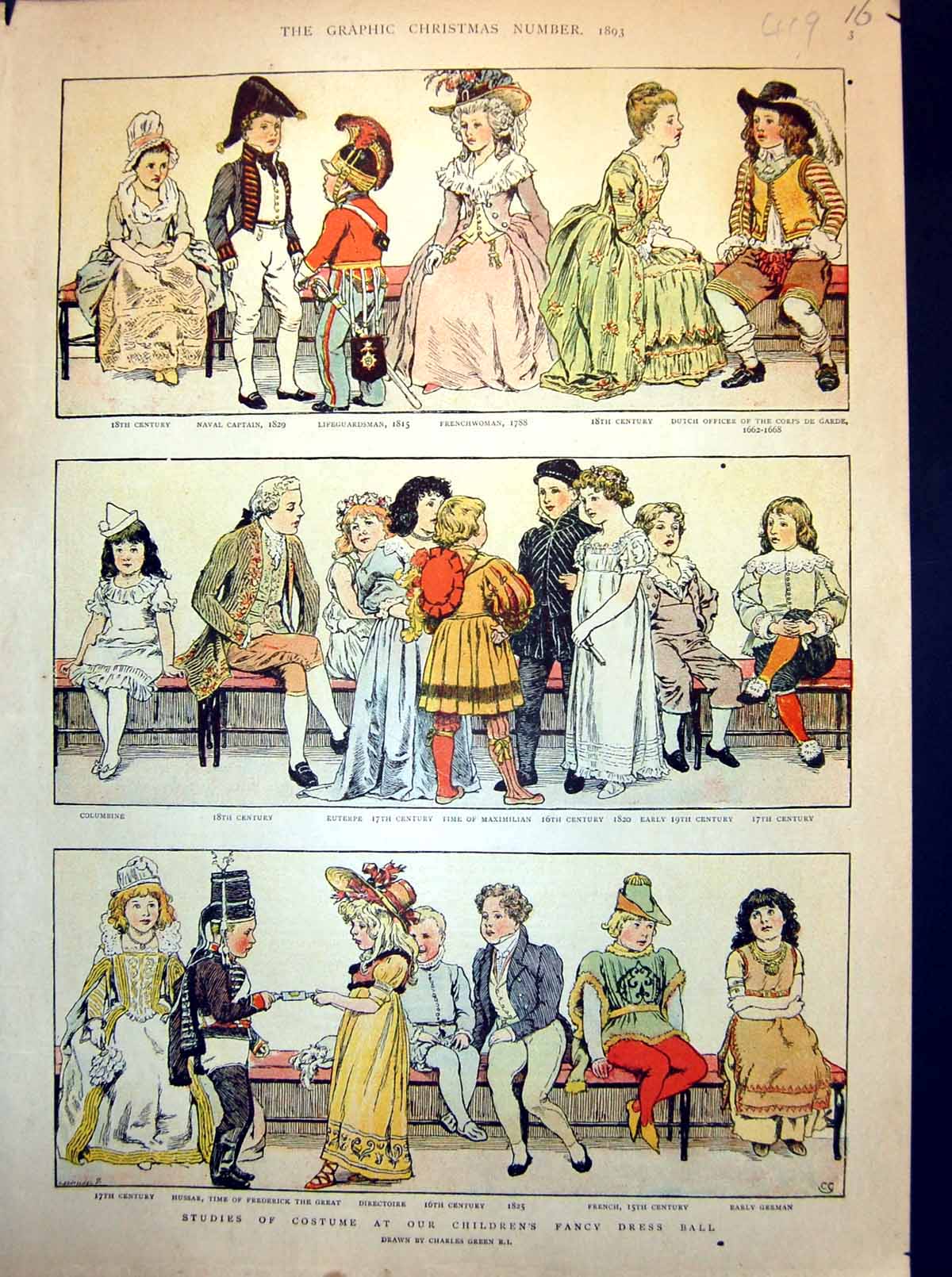 Original Old Antique Print Studies Costume Children'S Fancy Dress Ball 1893