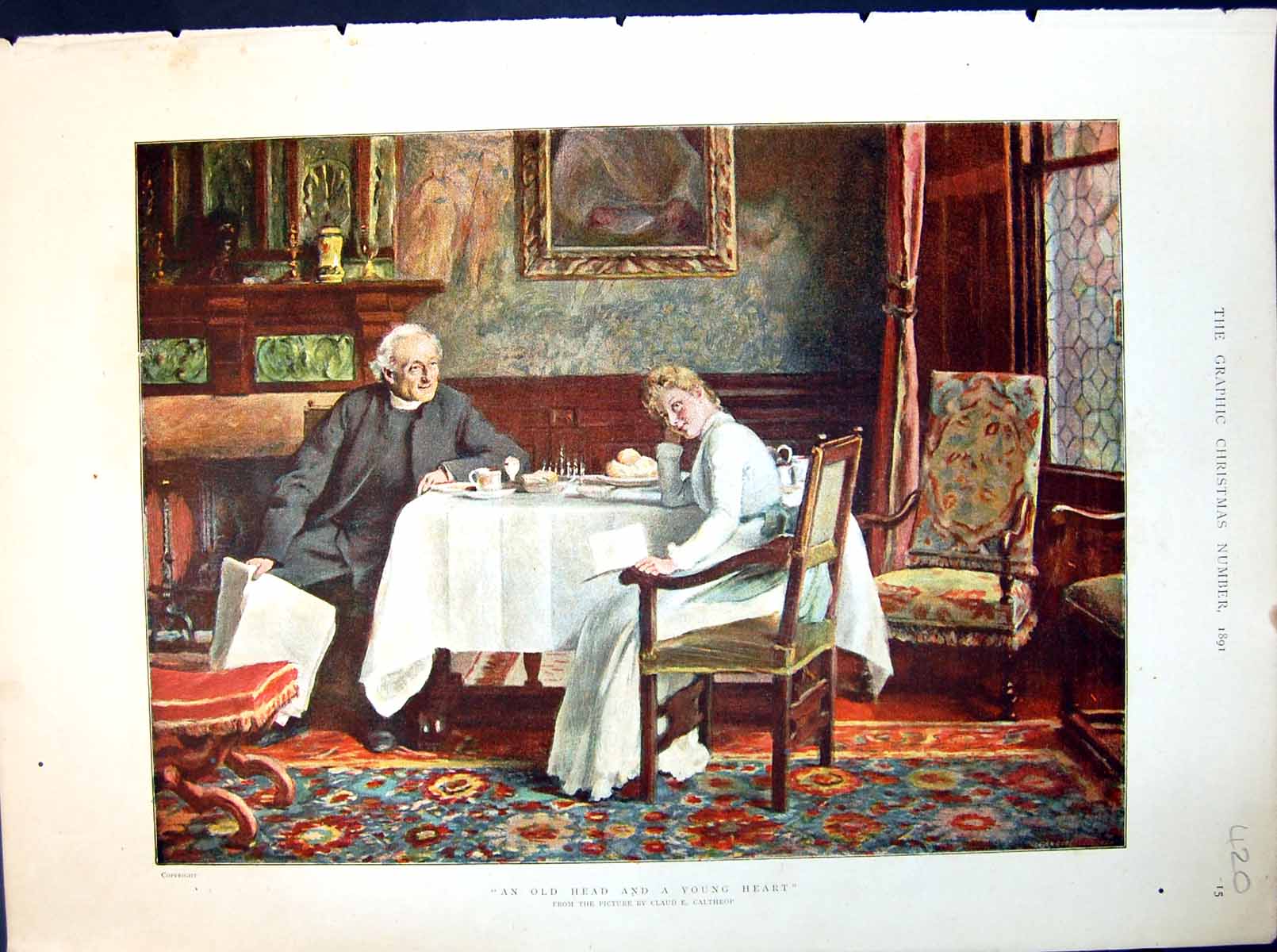 Antique Old Print Claud E. Calthrop Young Heart Head Vicar Young Lady 1891 19th