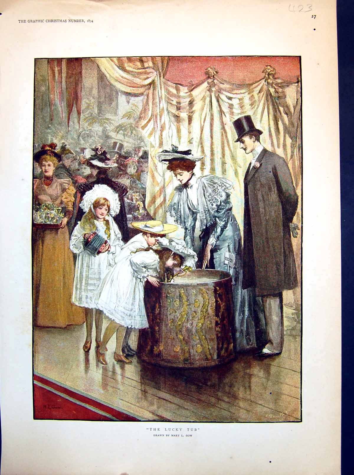 Antique Print The Lucky Tub Mary L Gow Children Dipping In Partygoers 1894 19th