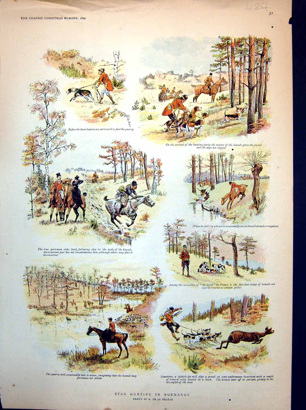 Antique Print Stag Hunting Normandy Reserve Packs Hounds Quarry Water 1894 19th
