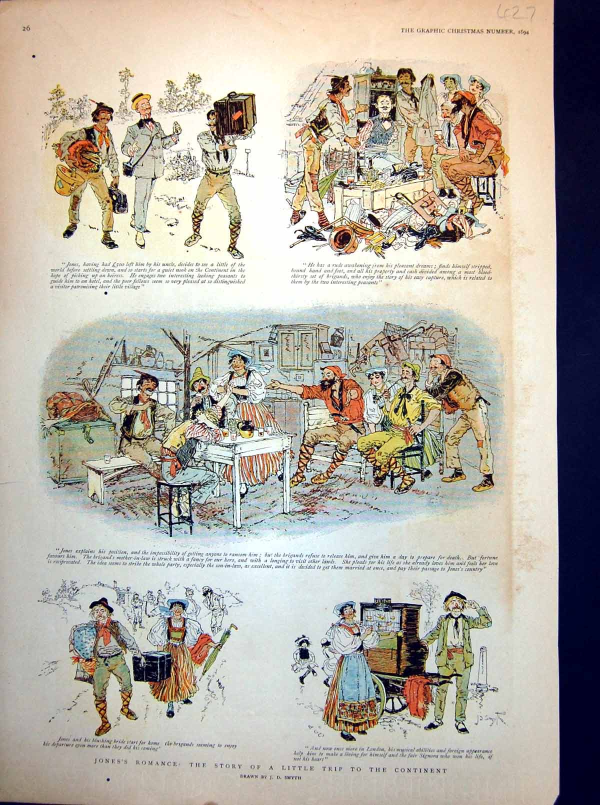 Antique Old Print Jone'S Romance A Trip Continent Brigands Mother-In-Law 1894