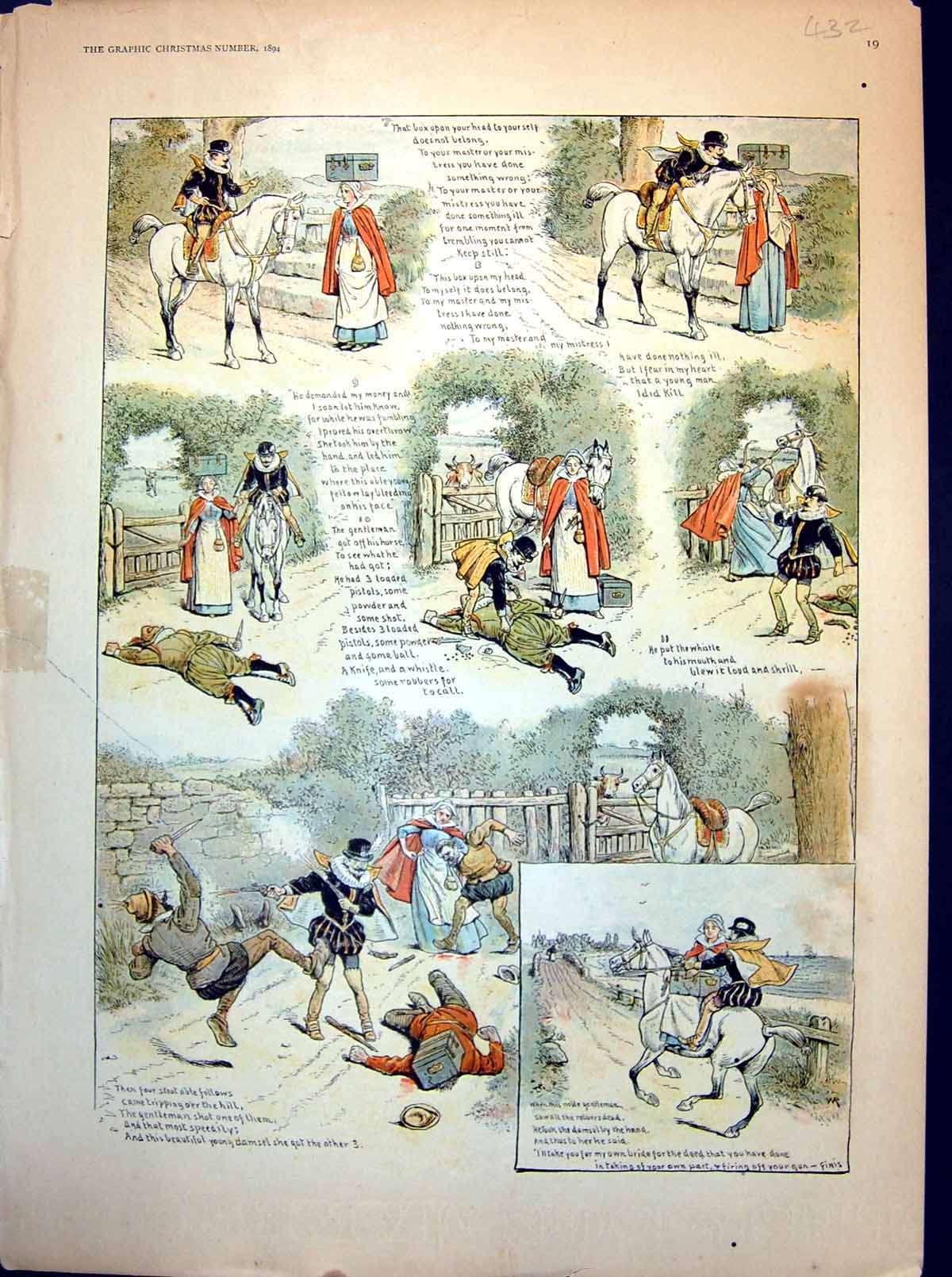 Antique Print Young Lady Belongings On Head Killed Robber Assisted Man 1894
