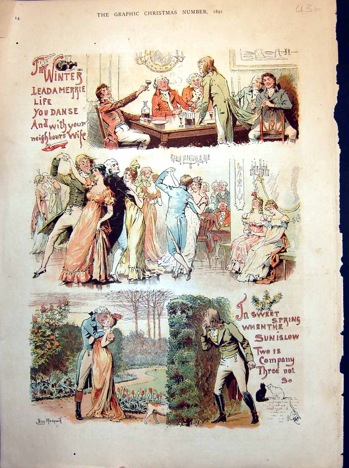 Old Print Sportsman'S Calendar Percy Macquaid Winter Dances Romance 1891 19th