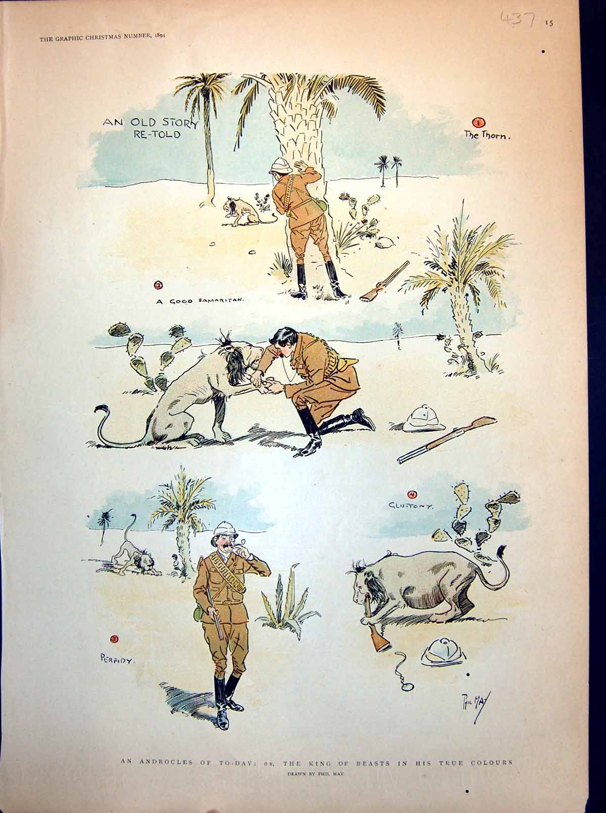 Old Antique Print Androcles Today Lion Thorn Paw Helped Eats Helper 1894 19th