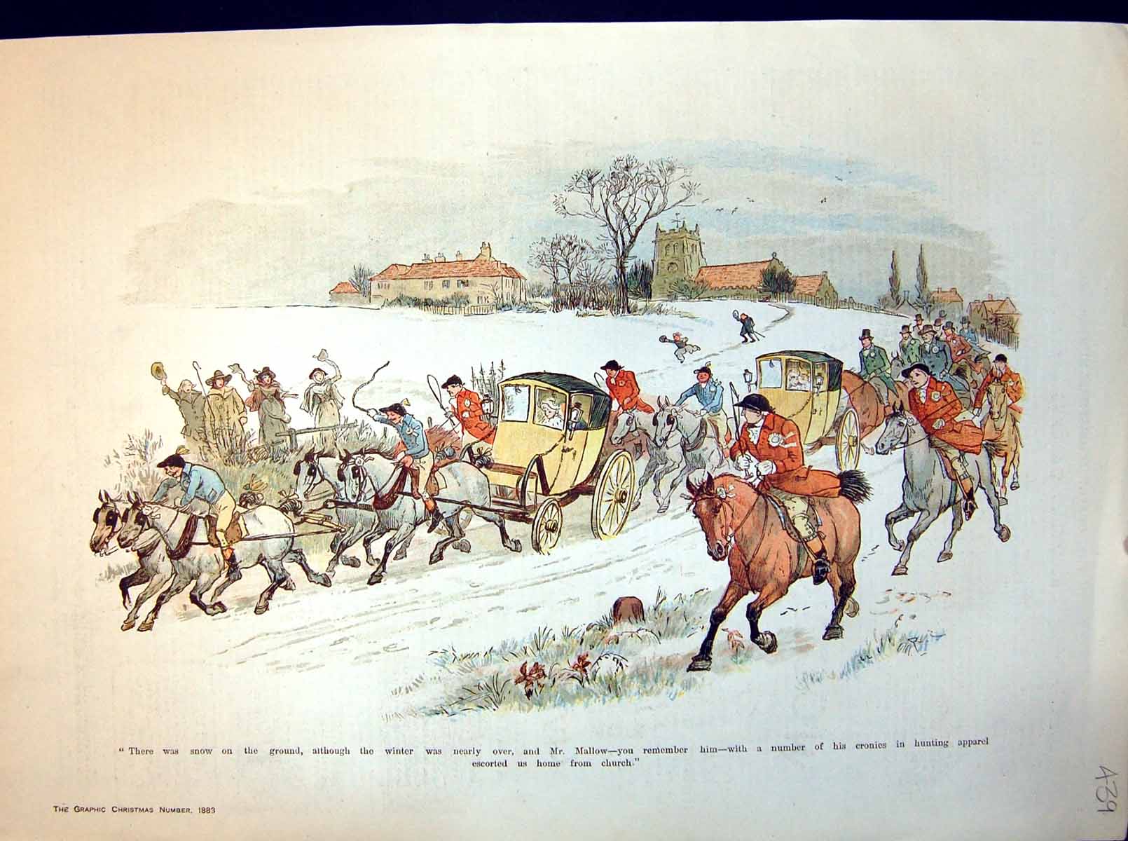 Antique Print Wedding Party Escorted Home Church Through Snow Hunting 1883 19th