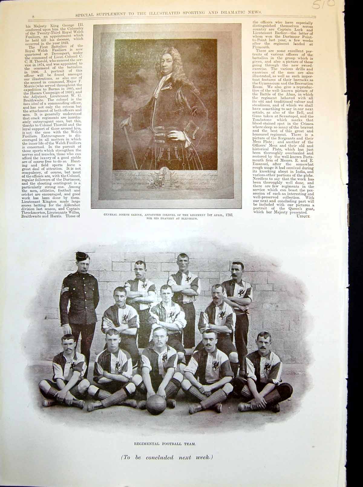 Antique Old Print General Joseph Sabine Regimental Football Team Past Types