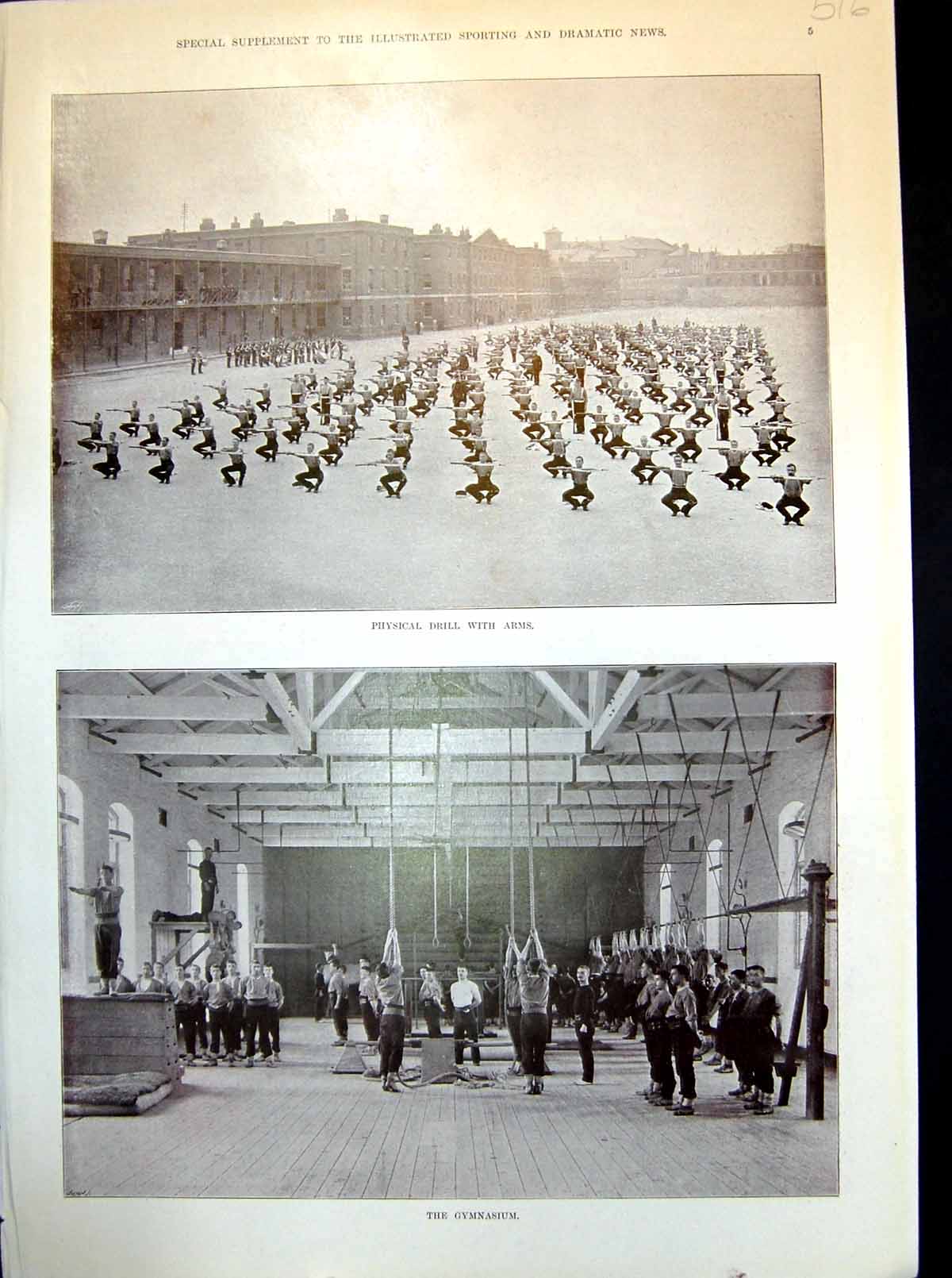 Antique Old Print Physical Drill With Arms Gymnasium Tombstone Erected Crimea