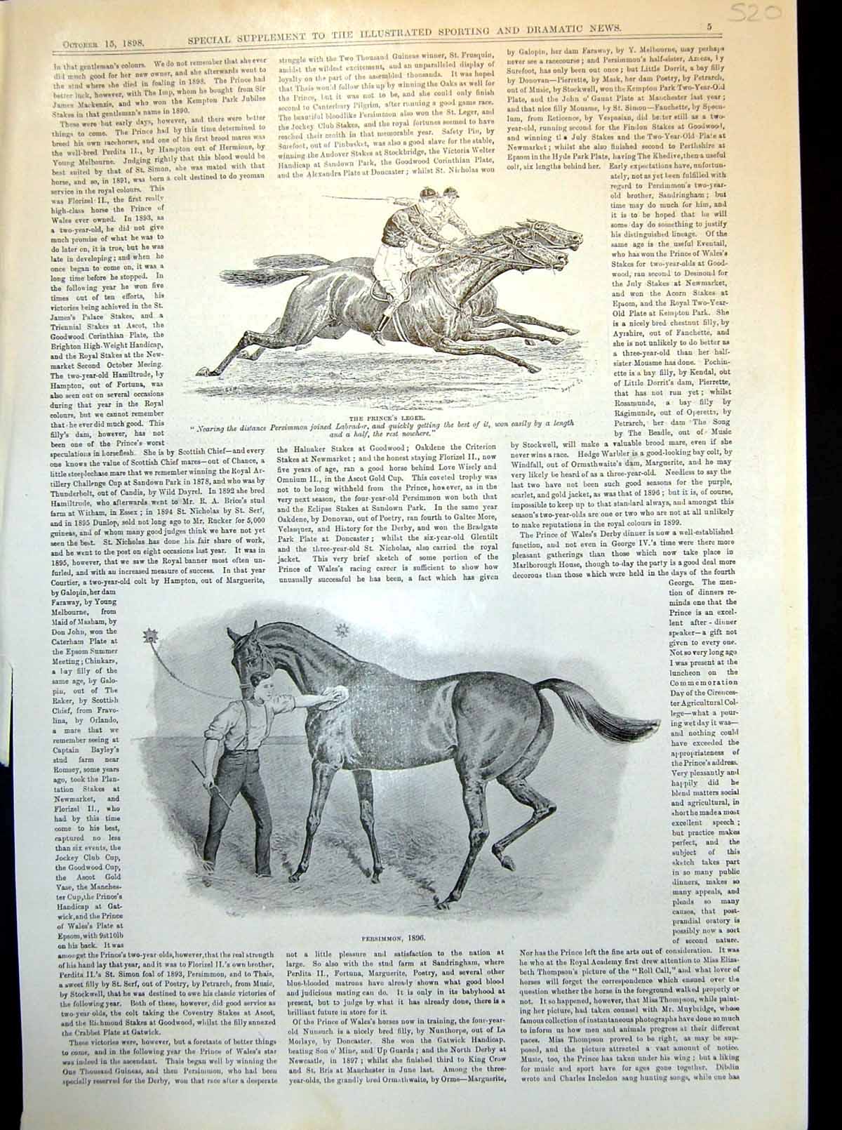 Antique Old Print Prince'S Leger Persimmon Britannia Winning Queen'S Cup 1898