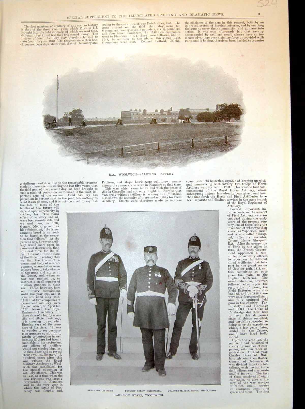 Original Old Antique Print R.A. Woolwich Saluting Battery Garrison Staff Parade