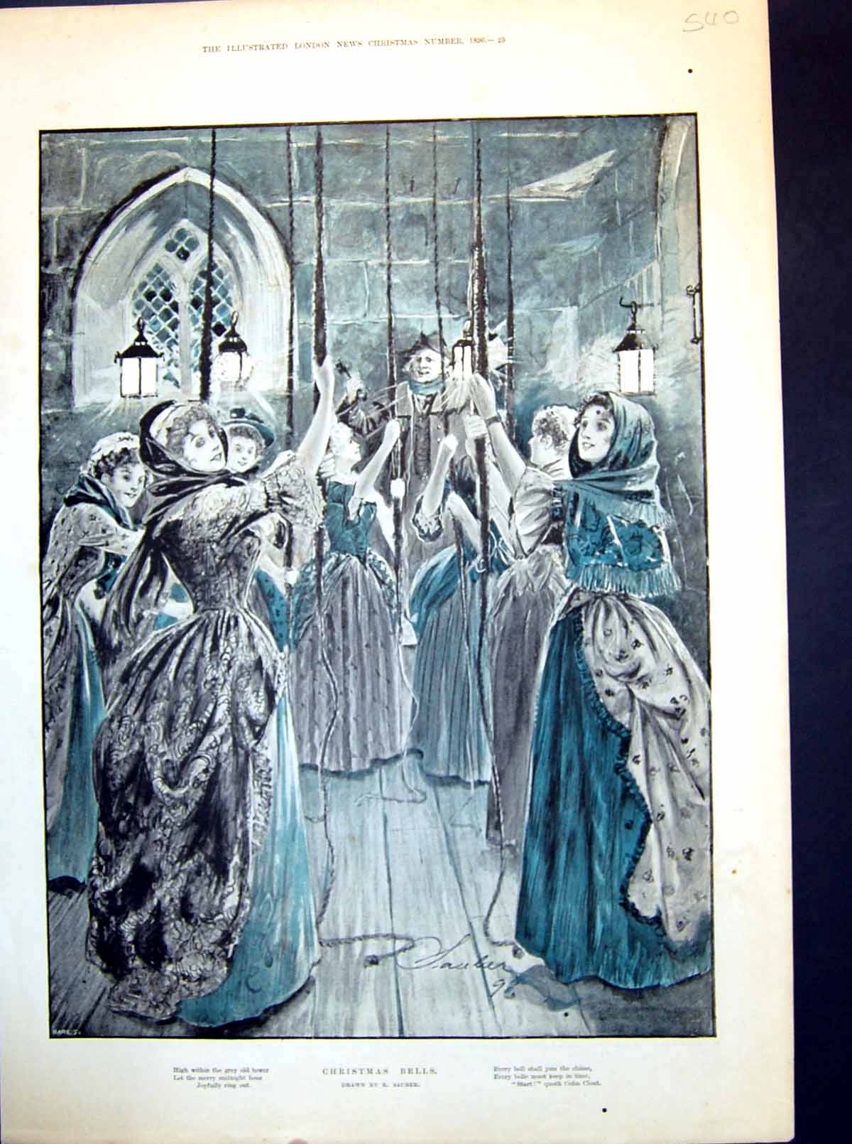 Antique Old Print Christmas Bells R Sauber Ladies Pulling Wed Lass Sier 1896