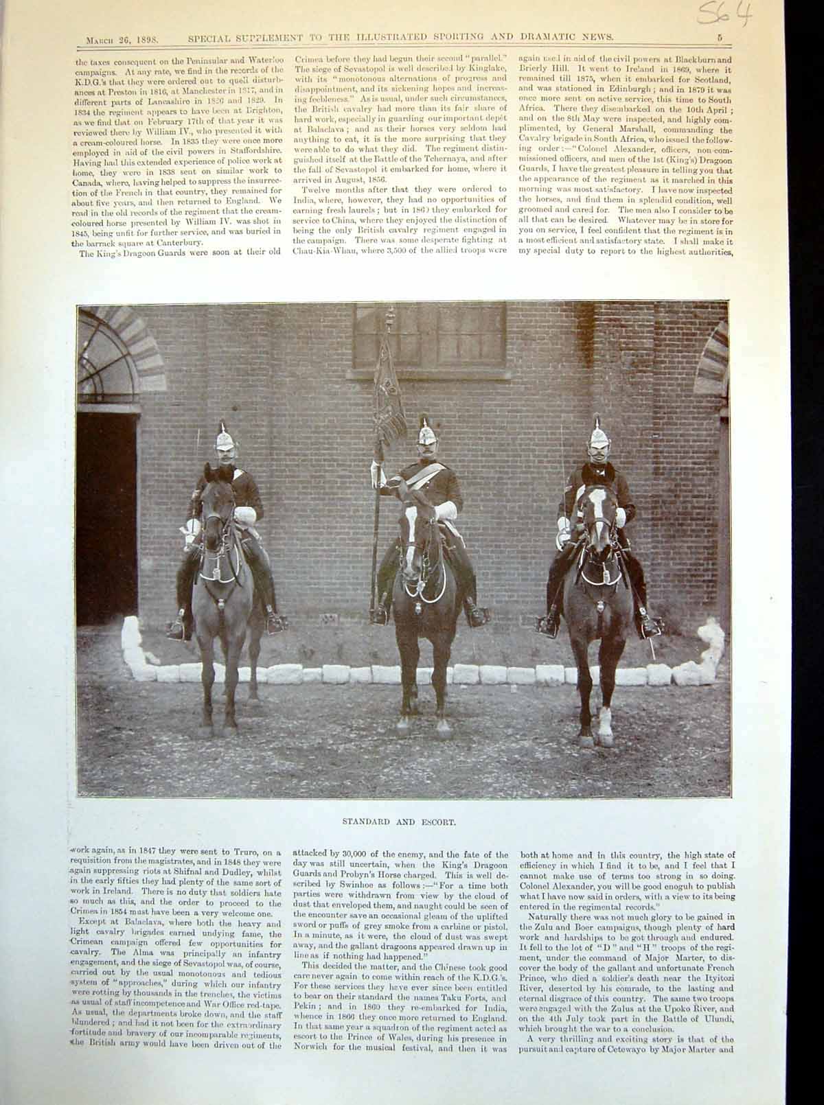 Old Print Standard And Escort Cook House Stables 1St King'S Dragoon 1898