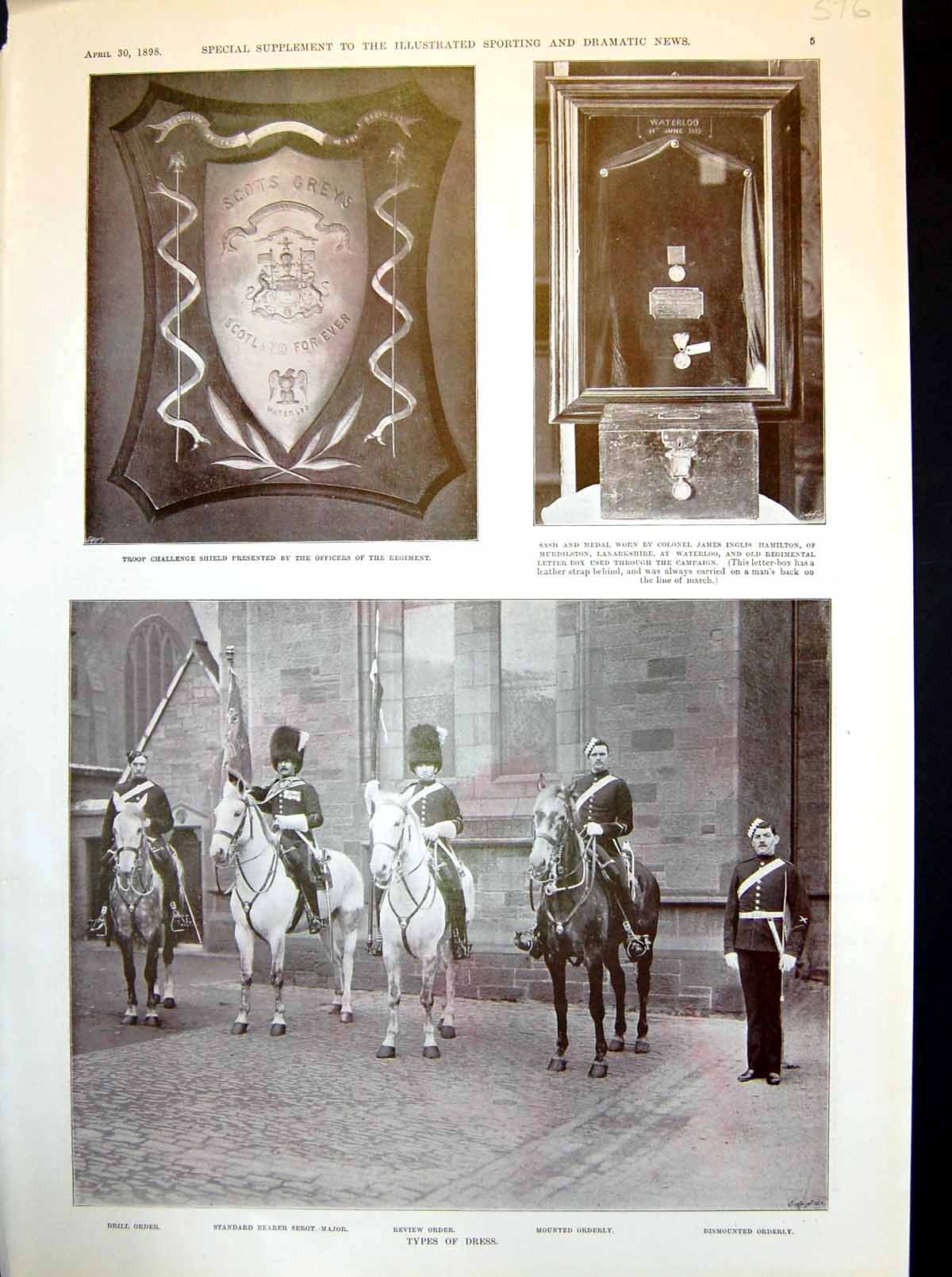 Old Antique Print Royal Scots Greys Challenge Shield Dress Trumpeter 1898 19th