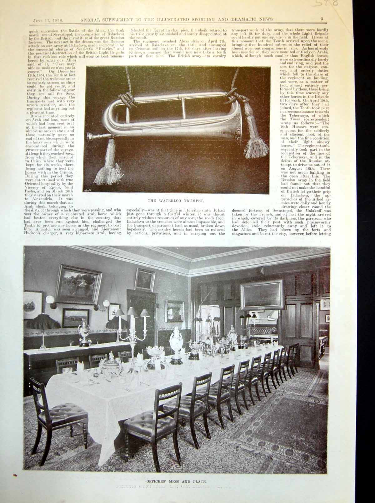 Old Antique Print Waterloo Trumpet Officers Mess Plate Tenth Hussars 1898 19th