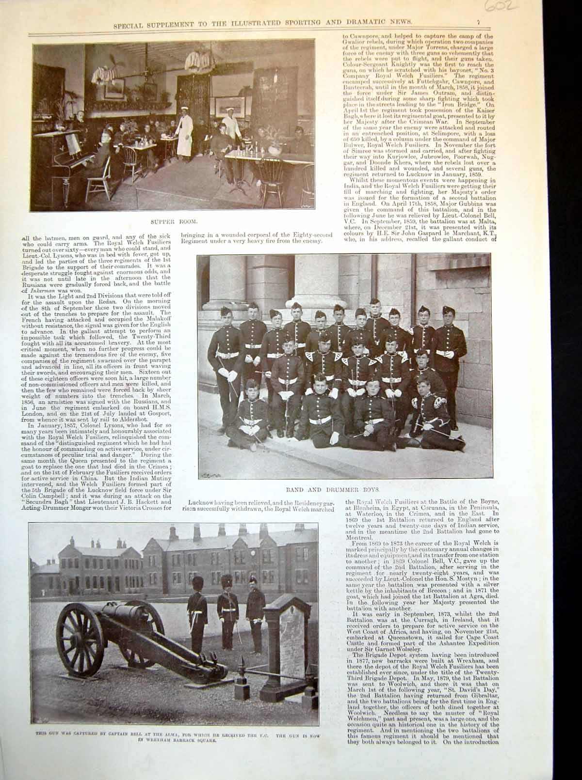 Antique Print Supper Room Band Drummer Boys Major Morris Tenth Hussars 1898